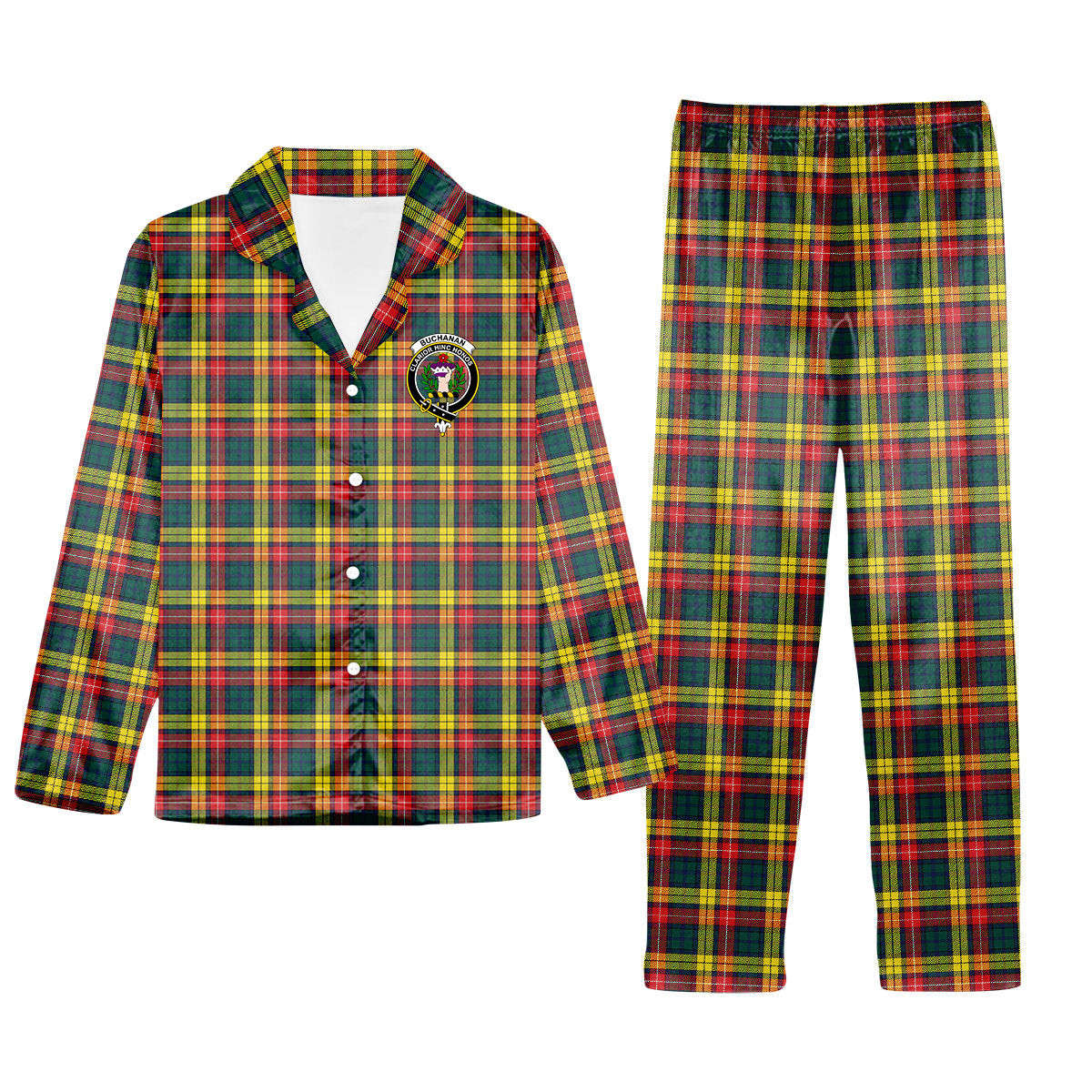 ScotsTee Shop Scottish Buchanan Modern Crest Tartan Pajama Satin Velvet Flannel Pajama Set