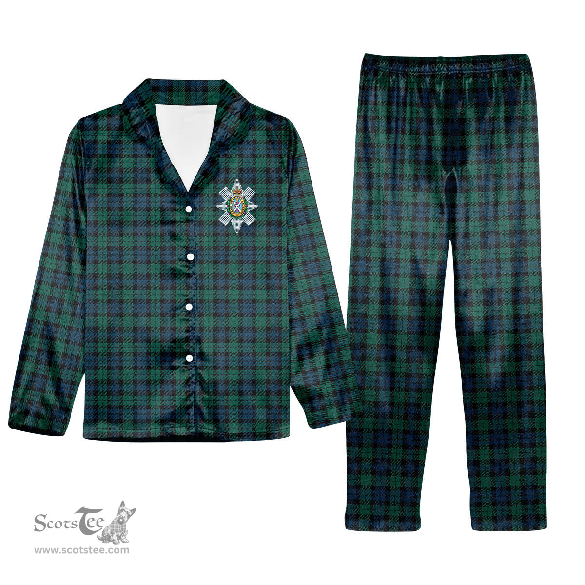 ScotsTee Shop Scottish Black Watch #3 Modern Crest Tartan Pajama Satin Velvet Flannel Pajama Set