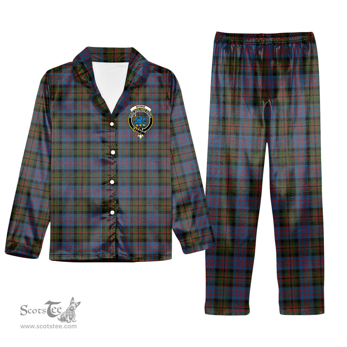 ScotsTee Shop Scottish Bowie Black Crest Tartan Pajama Satin Velvet Flannel Pajama Set