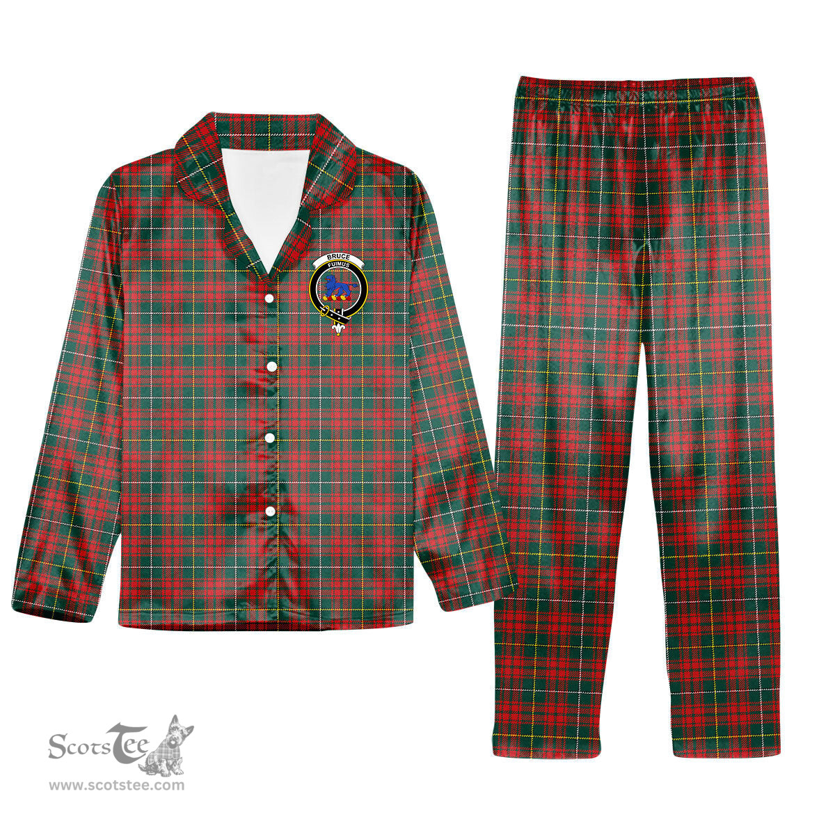 ScotsTee Shop Scottish Bruce Hunting Modern Crest Tartan Pajama Satin Velvet Flannel Pajama Set