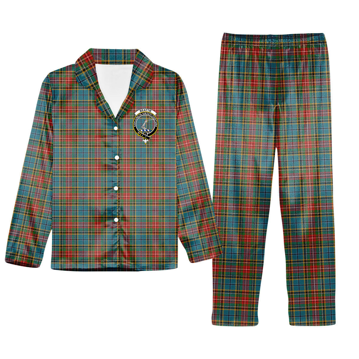 ScotsTee Shop Scottish Beattie (Beatty) Ancient Crest Tartan Pajama Satin Velvet Flannel Pajama Set