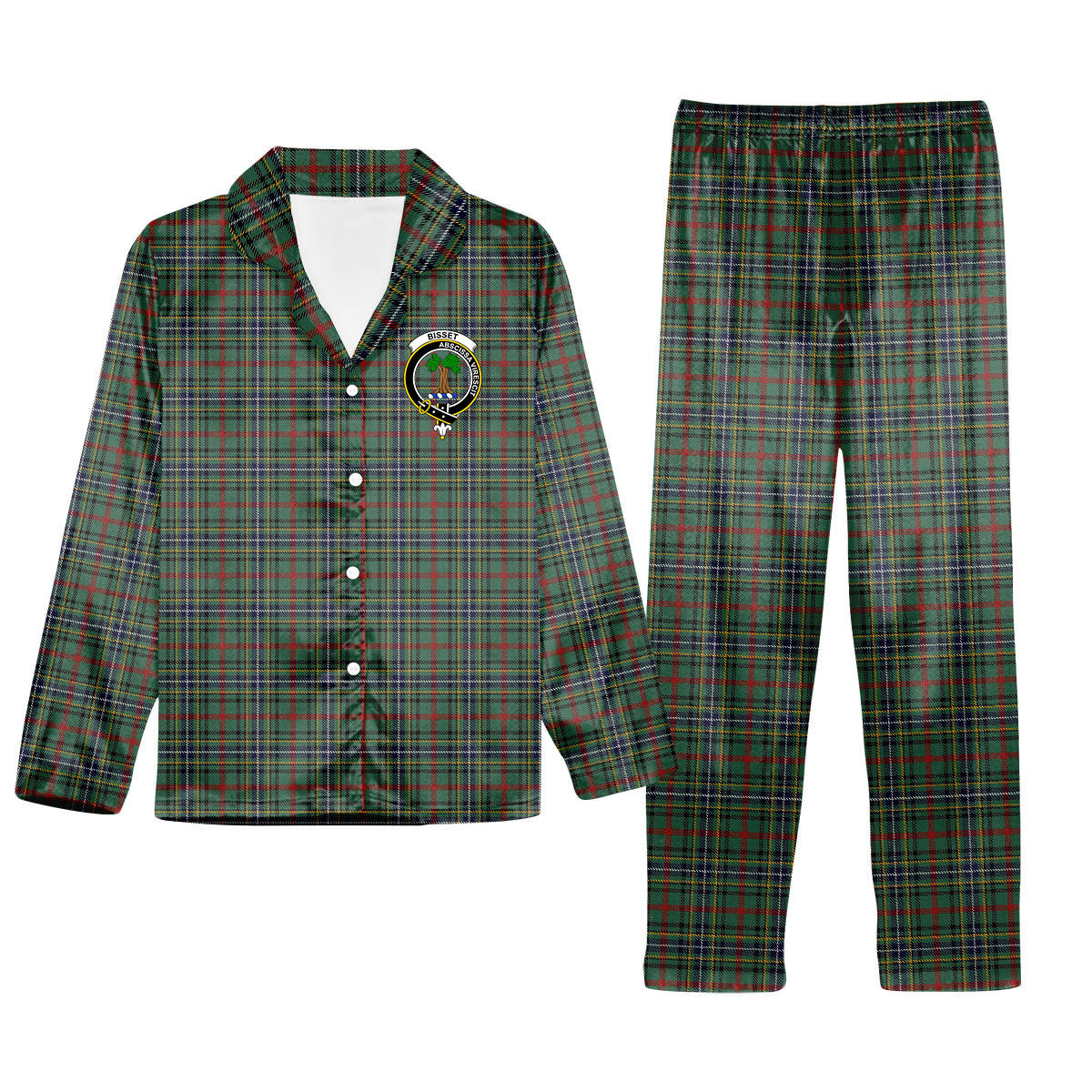 ScotsTee Shop Scottish Bisset Crest Tartan Pajama Satin Velvet Flannel Pajama Set