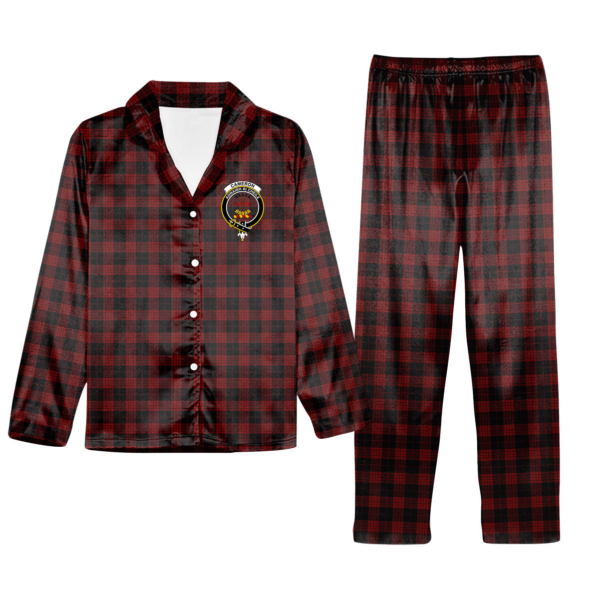 ScotsTee Shop Scottish Cameron Black and Red Crest Tartan Pajama Satin Velvet Flannel Pajama Set