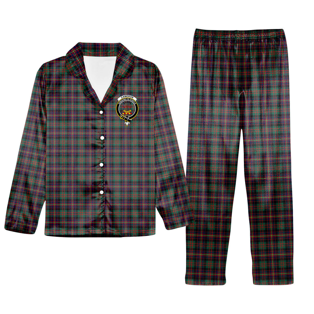 ScotsTee Shop Scottish Cameron Highlanders of Ottawa Crest Tartan Pajama Satin Velvet Flannel Pajama Set