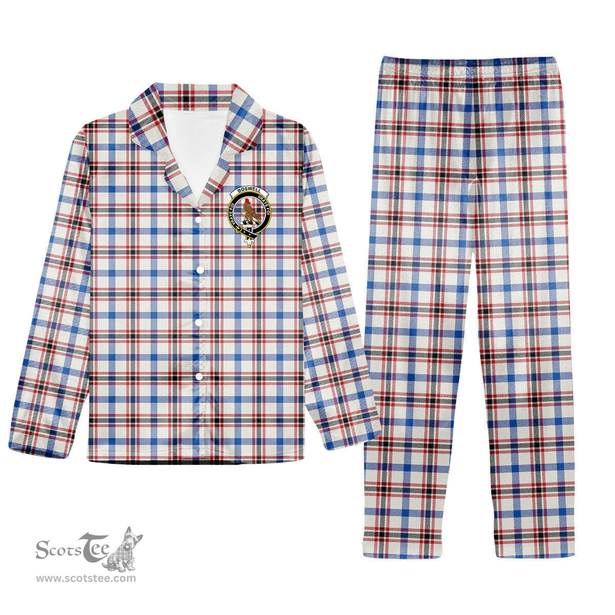 ScotsTee Shop Scottish Boswell Dress Modern Crest Tartan Pajama Satin Velvet Flannel Pajama Set