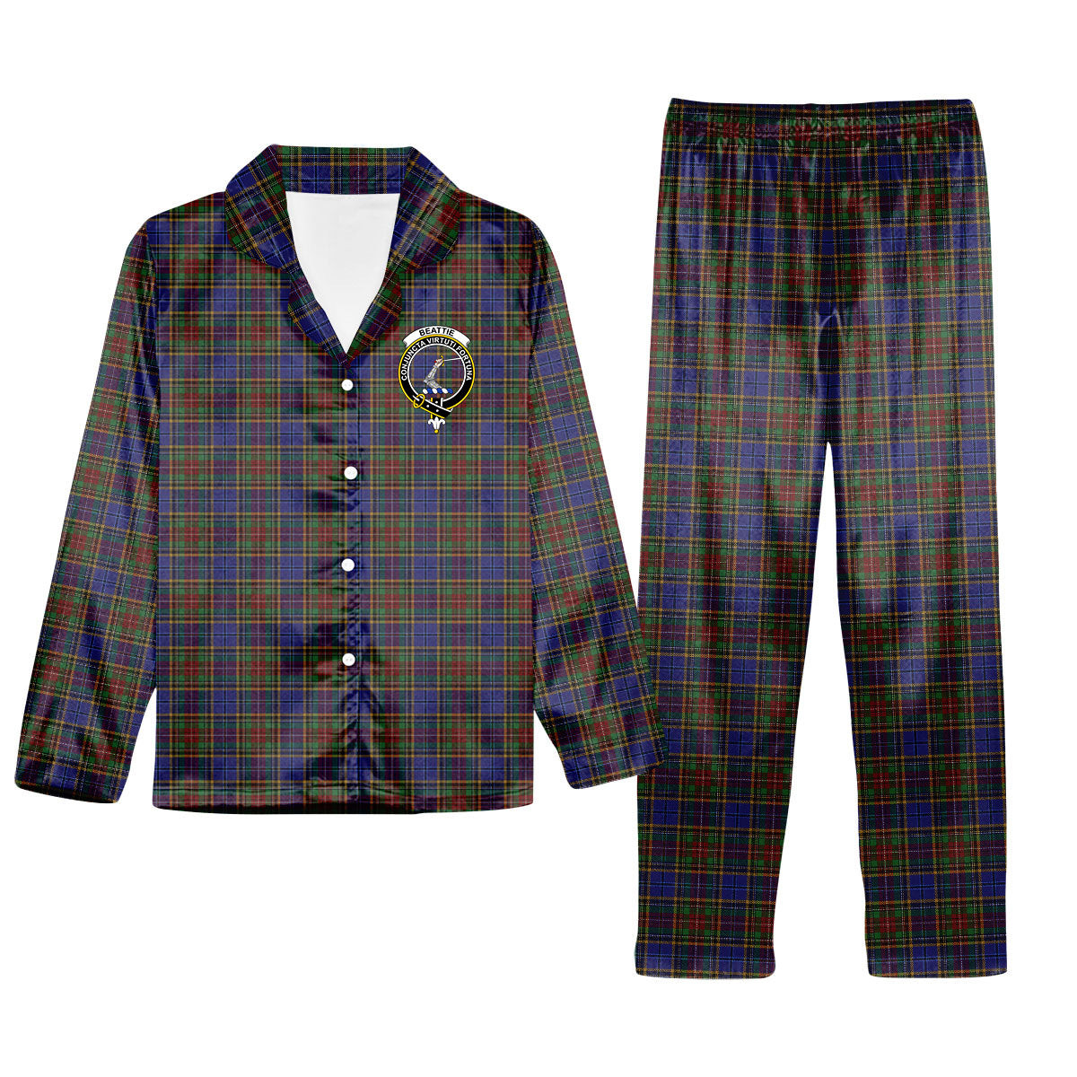 ScotsTee Shop Scottish Beattie (Beatty) Crest Tartan Pajama Satin Velvet Flannel Pajama Set