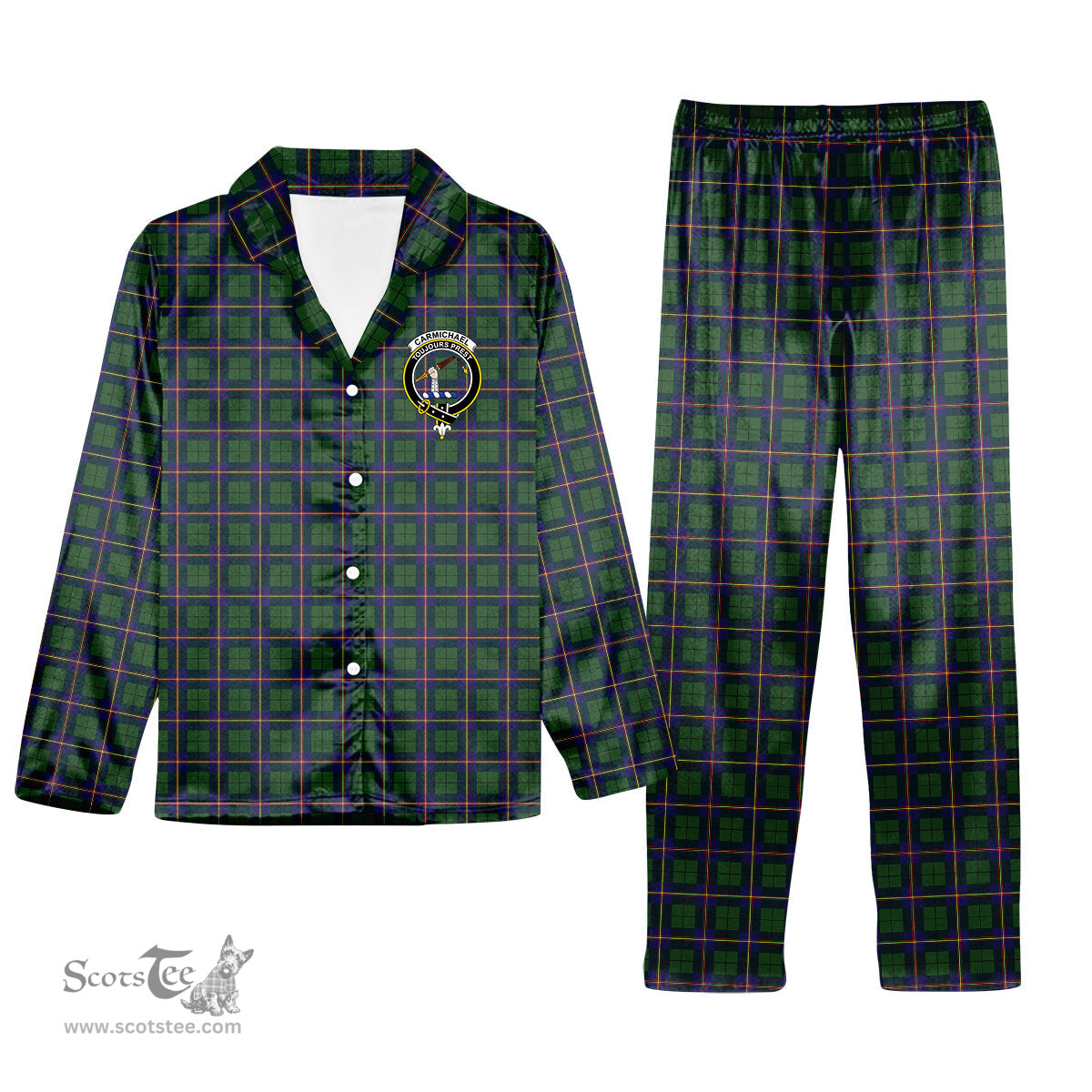 ScotsTee Shop Scottish Carmichael Modern Crest Tartan Pajama Satin Velvet Flannel Pajama Set