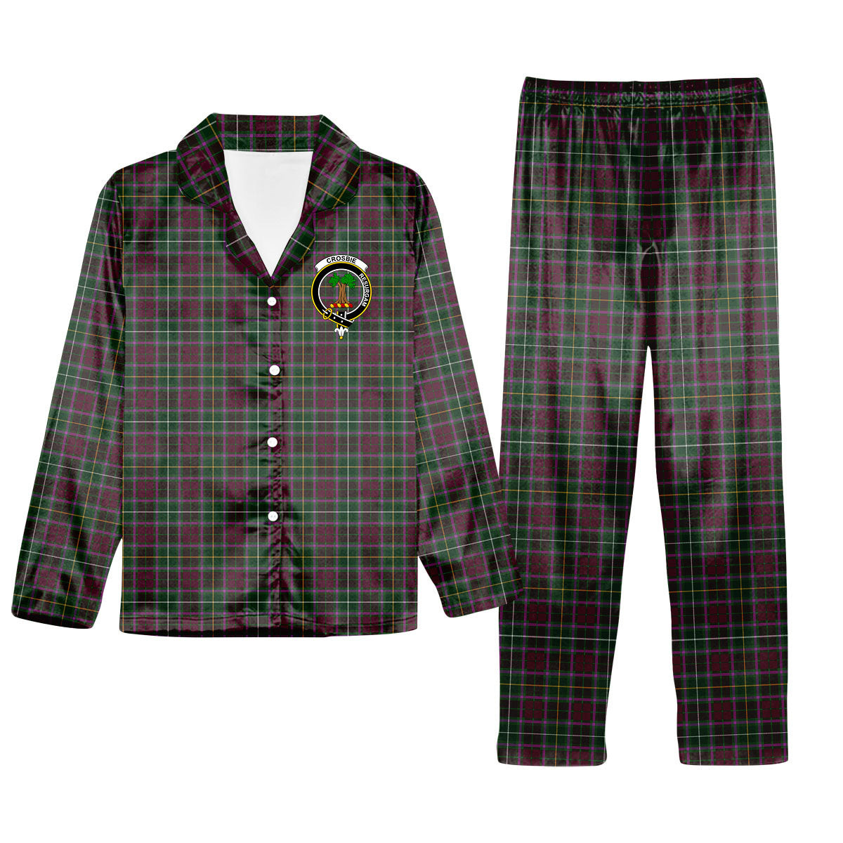 ScotsTee Shop Scottish Crosbie Crest Tartan Pajama Satin Velvet Flannel Pajama Set