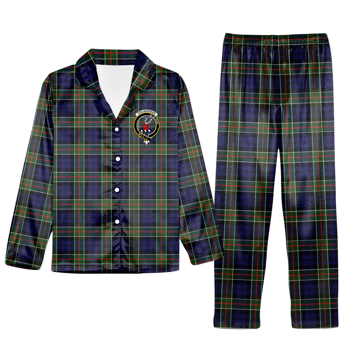 ScotsTee Shop Scottish Colquhoun Modern Crest Tartan Pajama Satin Velvet Flannel Pajama Set