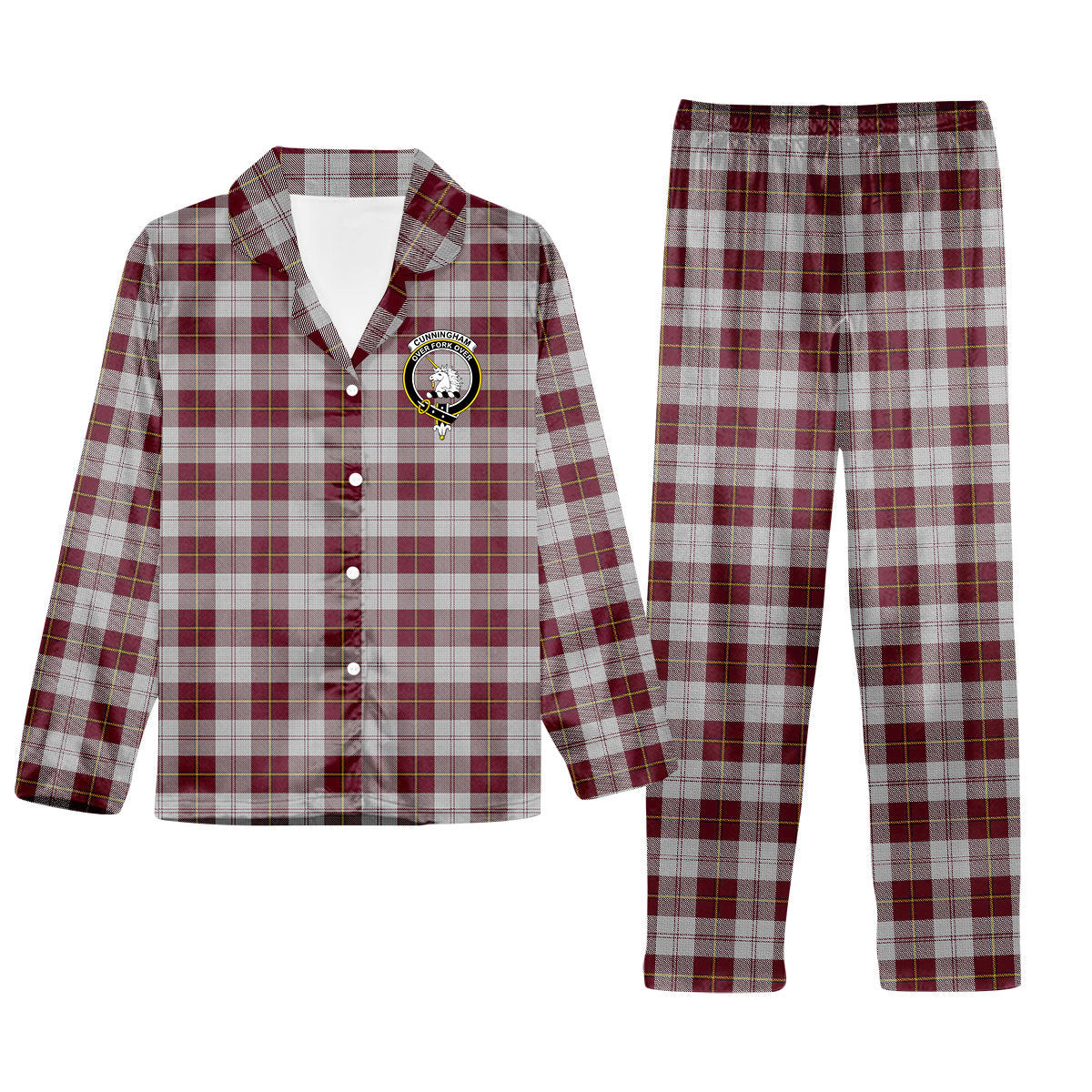 ScotsTee Shop Scottish Cunningham Dress Burgundy Dance Crest Tartan Pajama Satin Velvet Flannel Pajama Set