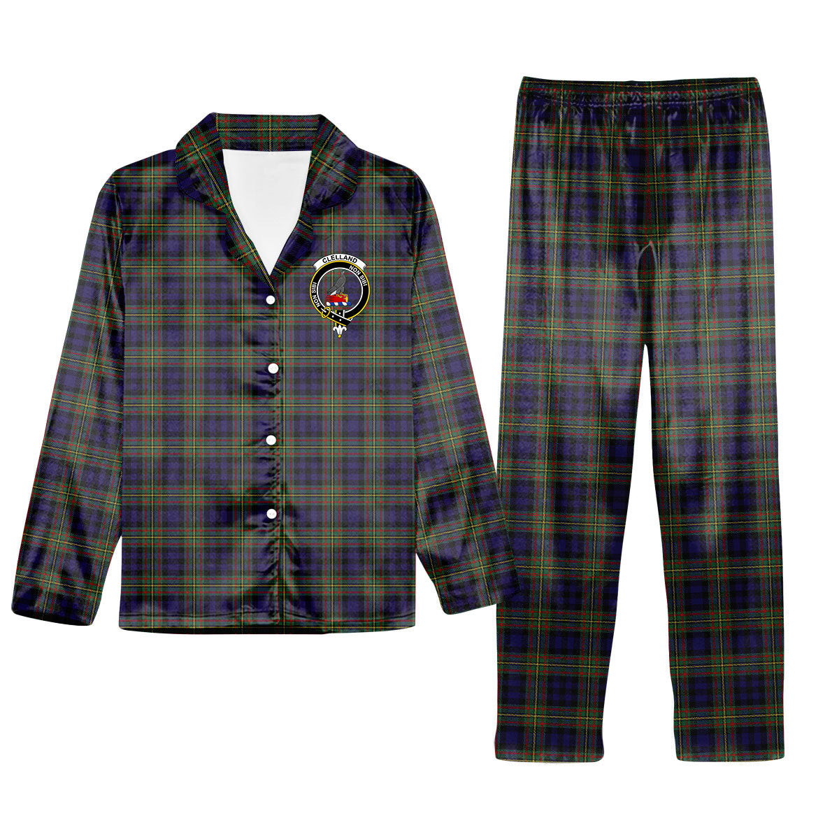 ScotsTee Shop Scottish Clelland SC Crest Tartan Pajama Satin Velvet Flannel Pajama Set