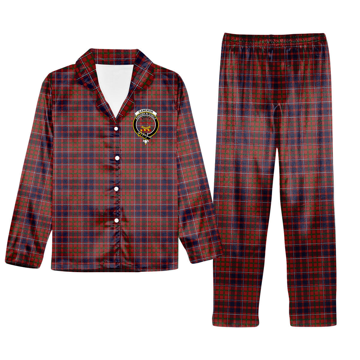 ScotsTee Shop Scottish Cameron of Locheil Original Crest Tartan Pajama Satin Velvet Flannel Pajama Set