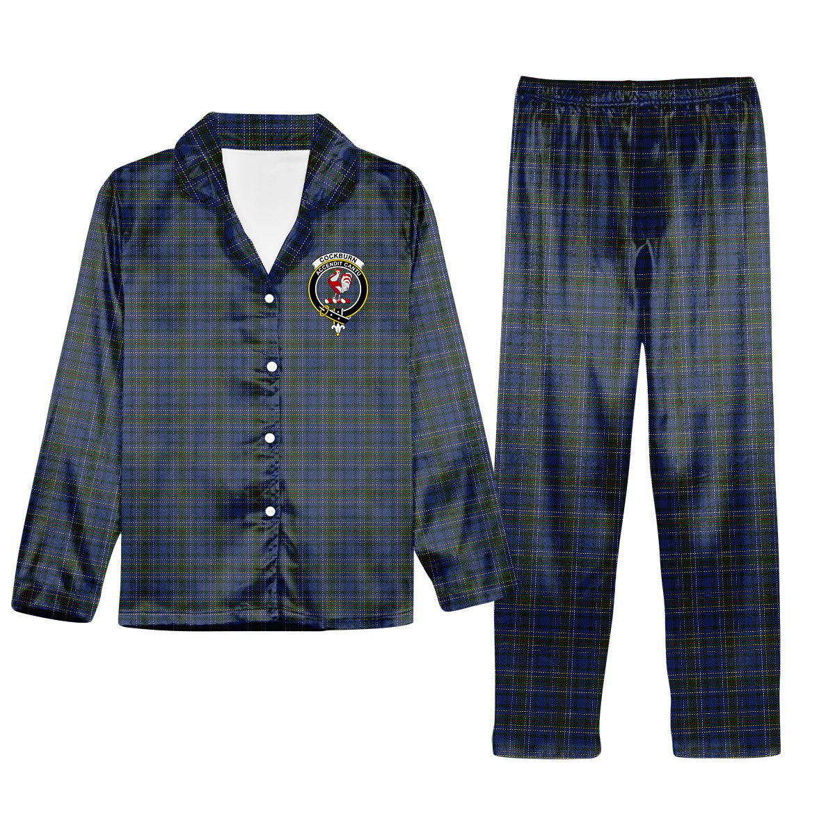 ScotsTee Shop Scottish Cockburn Blue Crest Tartan Pajama Satin Velvet Flannel Pajama Set