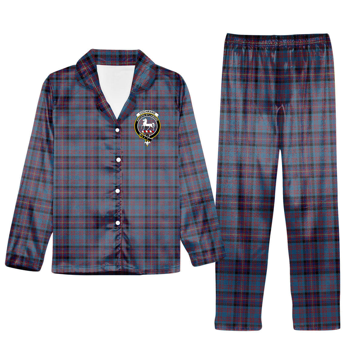 ScotsTee Shop Scottish Cochrane Azure Crest Tartan Pajama Satin Velvet Flannel Pajama Set