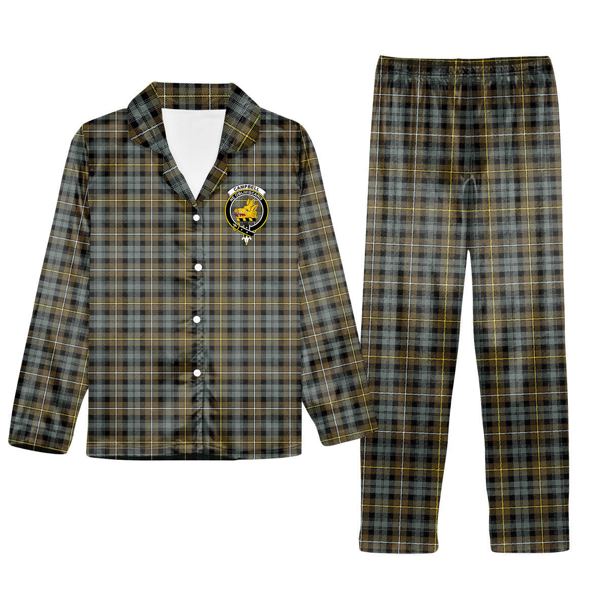 ScotsTee Shop Scottish Campbell Argyll Weathered Crest Tartan Pajama Satin Velvet Flannel Pajama Set