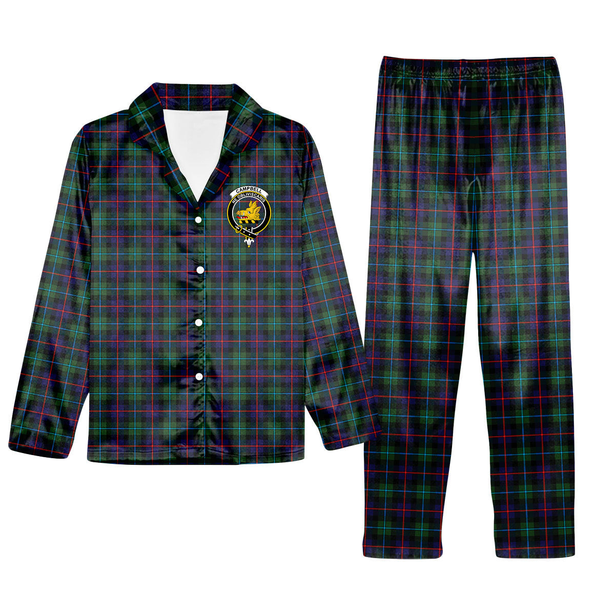 ScotsTee Shop Scottish Campbel of Cawdor Modern Crest Tartan Pajama Satin Velvet Flannel Pajama Set