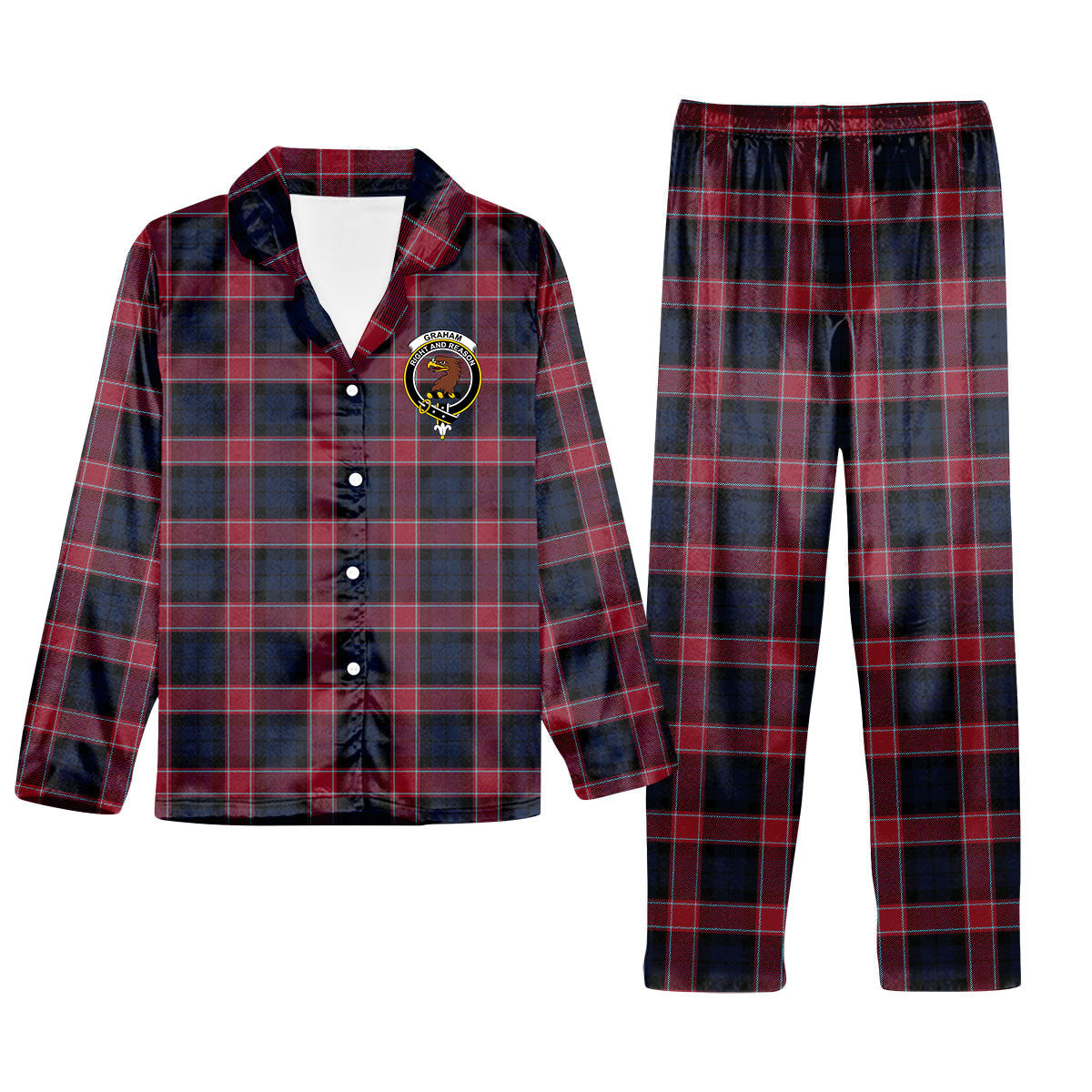 ScotsTee Shop Scottish Graham of Menteith Red Modern Crest Tartan Pajama Satin Velvet Flannel Pajama Set