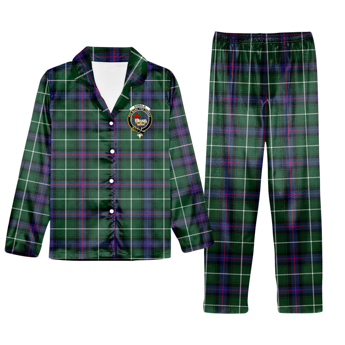 ScotsTee Shop Scottish Donald of the Isles Hunting Modern Crest Tartan Pajama Satin Velvet Flannel Pajama Set