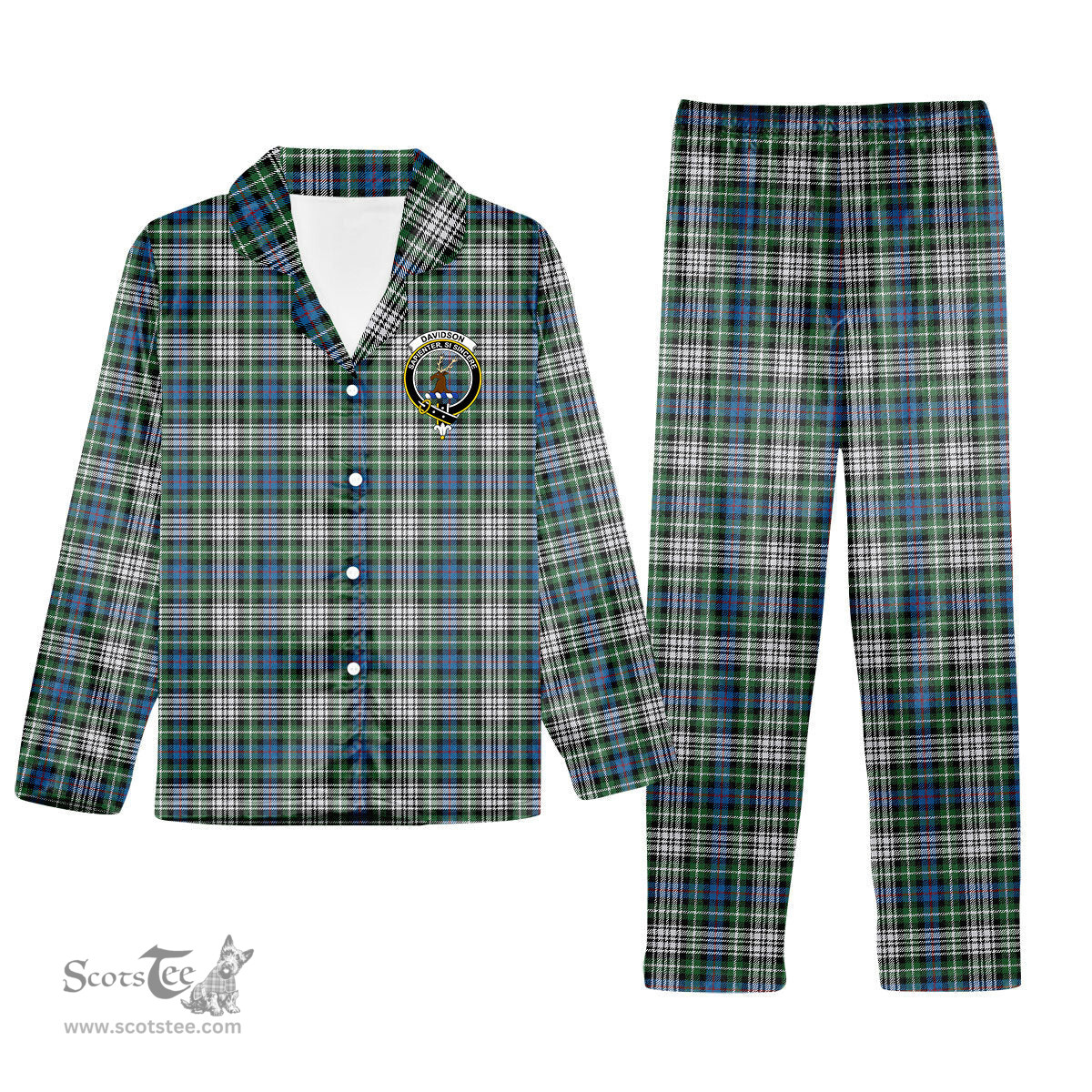 ScotsTee Shop Scottish Davidson of Tulloch Dress Ancient Crest Tartan Pajama Satin Velvet Flannel Pajama Set