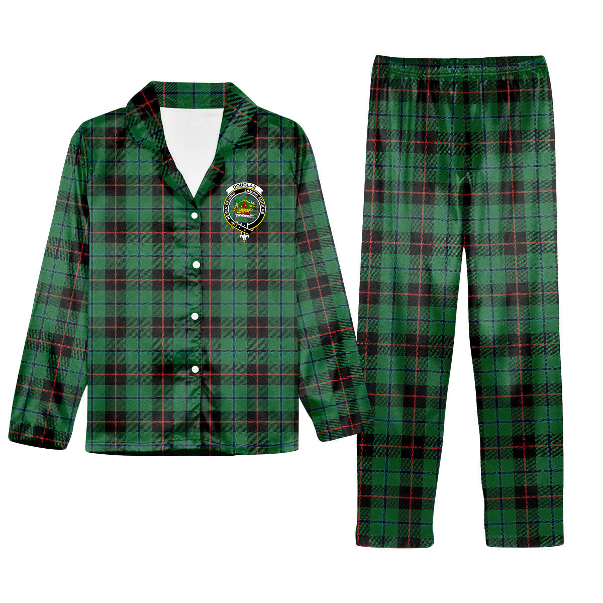 ScotsTee Shop Scottish Douglas Black Ancient Crest Tartan Pajama Satin Velvet Flannel Pajama Set