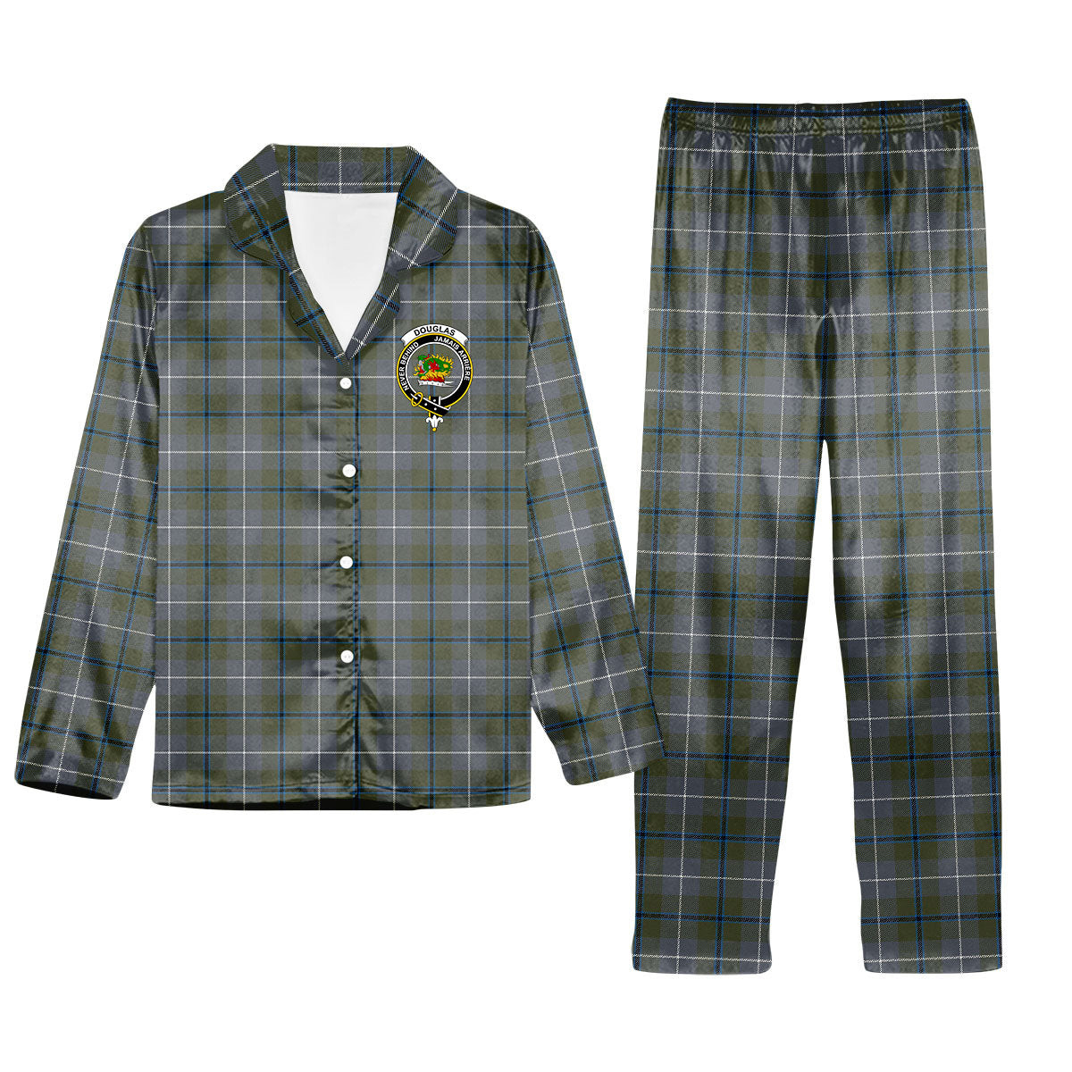 ScotsTee Shop Scottish Douglas Green Ancient Crest Tartan Pajama Satin Velvet Flannel Pajama Set
