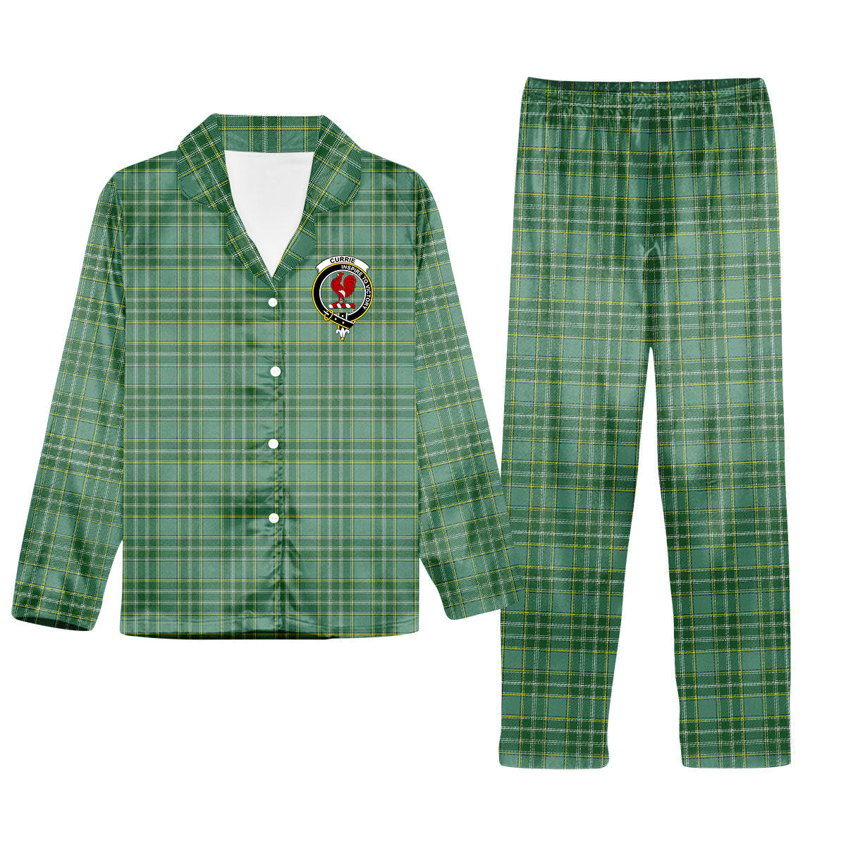 ScotsTee Shop Scottish Currie Modern Crest Tartan Pajama Satin Velvet Flannel Pajama Set