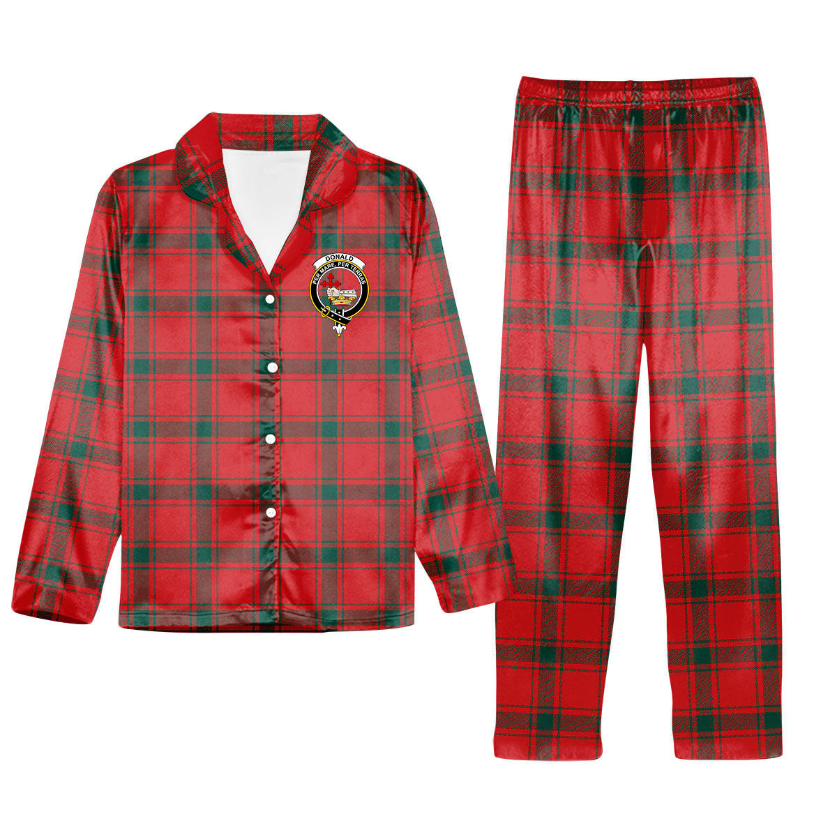 ScotsTee Shop Scottish Donald of the Isles Red Modern Crest Tartan Pajama Satin Velvet Flannel Pajama Set