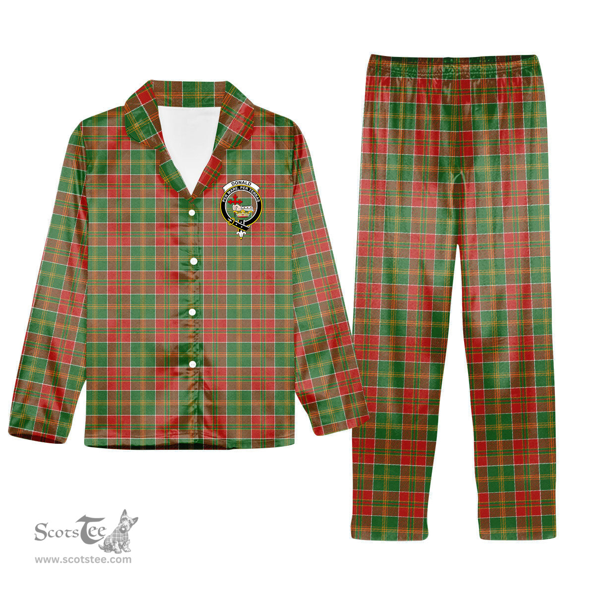 ScotsTee Shop Scottish Donald of Kingsburgh Ancient Crest Tartan Pajama Satin Velvet Flannel Pajama Set