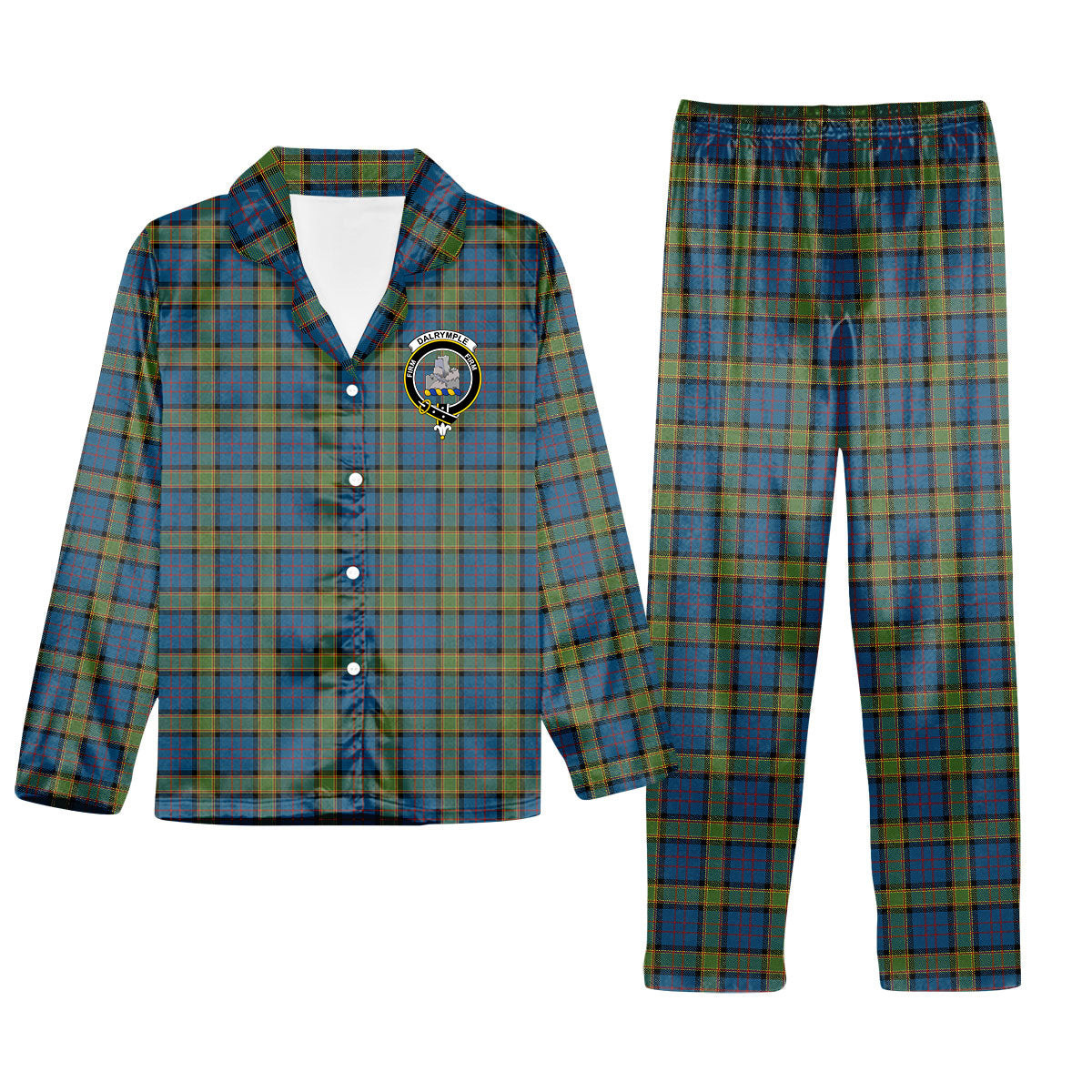 ScotsTee Shop Scottish Dalrymple M of Oxenfoord Crest Tartan Pajama Satin Velvet Flannel Pajama Set