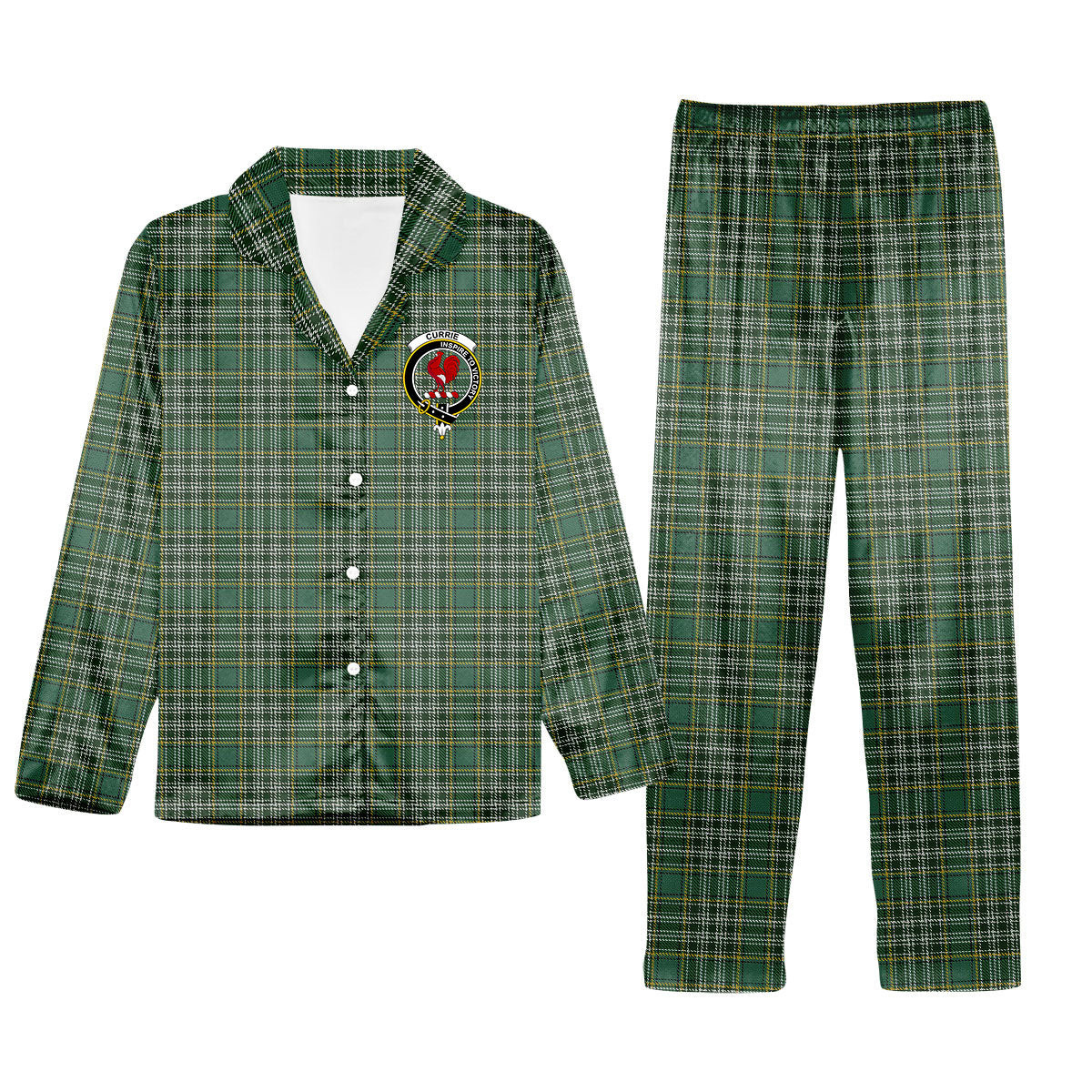 ScotsTee Shop Scottish Currie of Balilone Crest Tartan Pajama Satin Velvet Flannel Pajama Set