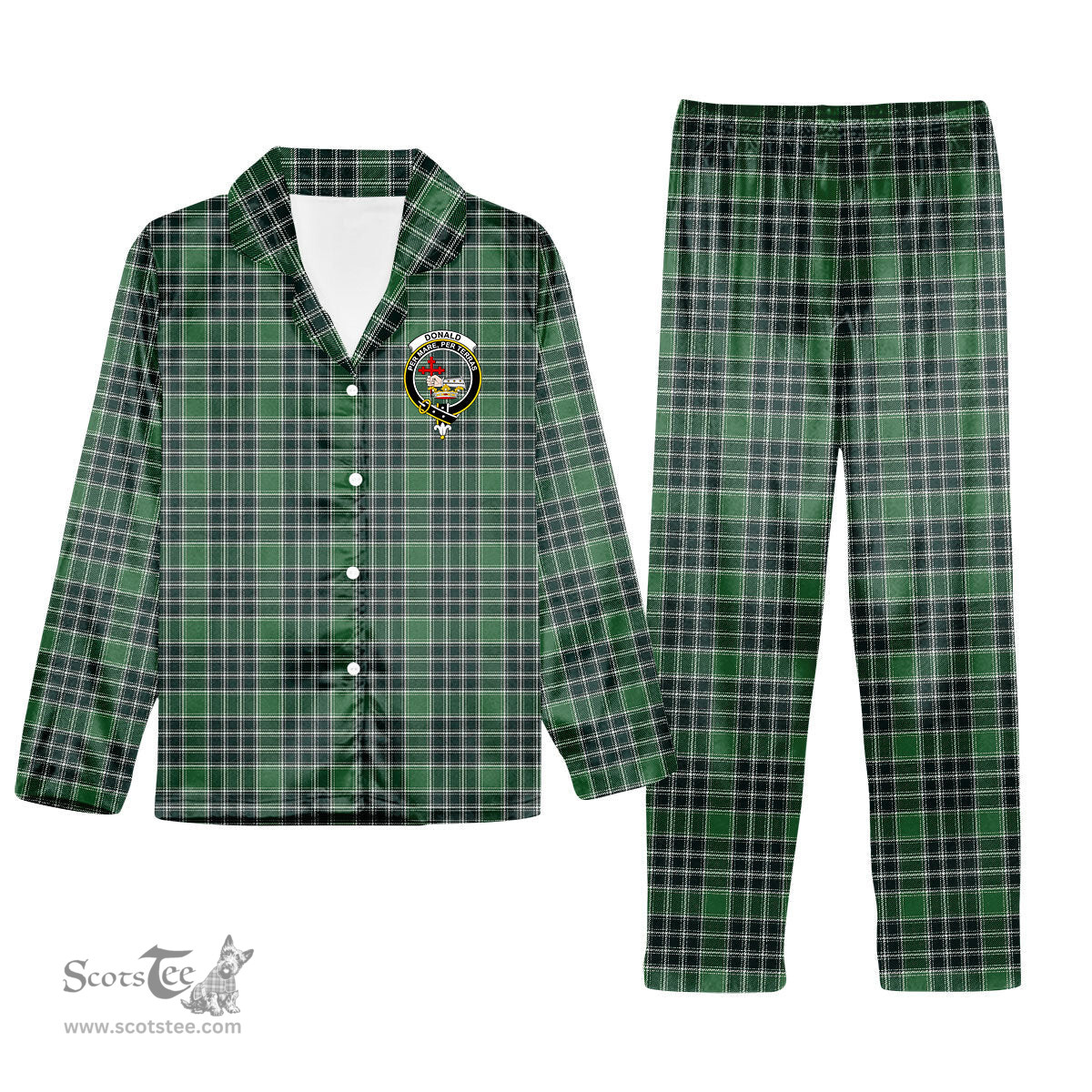ScotsTee Shop Scottish Donald Lord of the Isles Hunting Modern Crest Tartan Pajama Satin Velvet Flannel Pajama Set