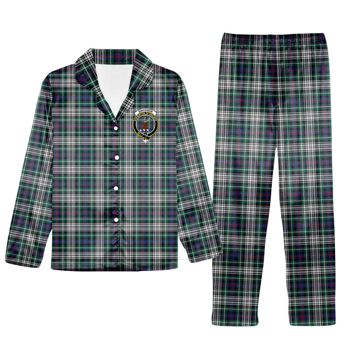 ScotsTee Shop Scottish Davidson of Tulloch Dress Modern Crest Tartan Pajama Satin Velvet Flannel Pajama Set
