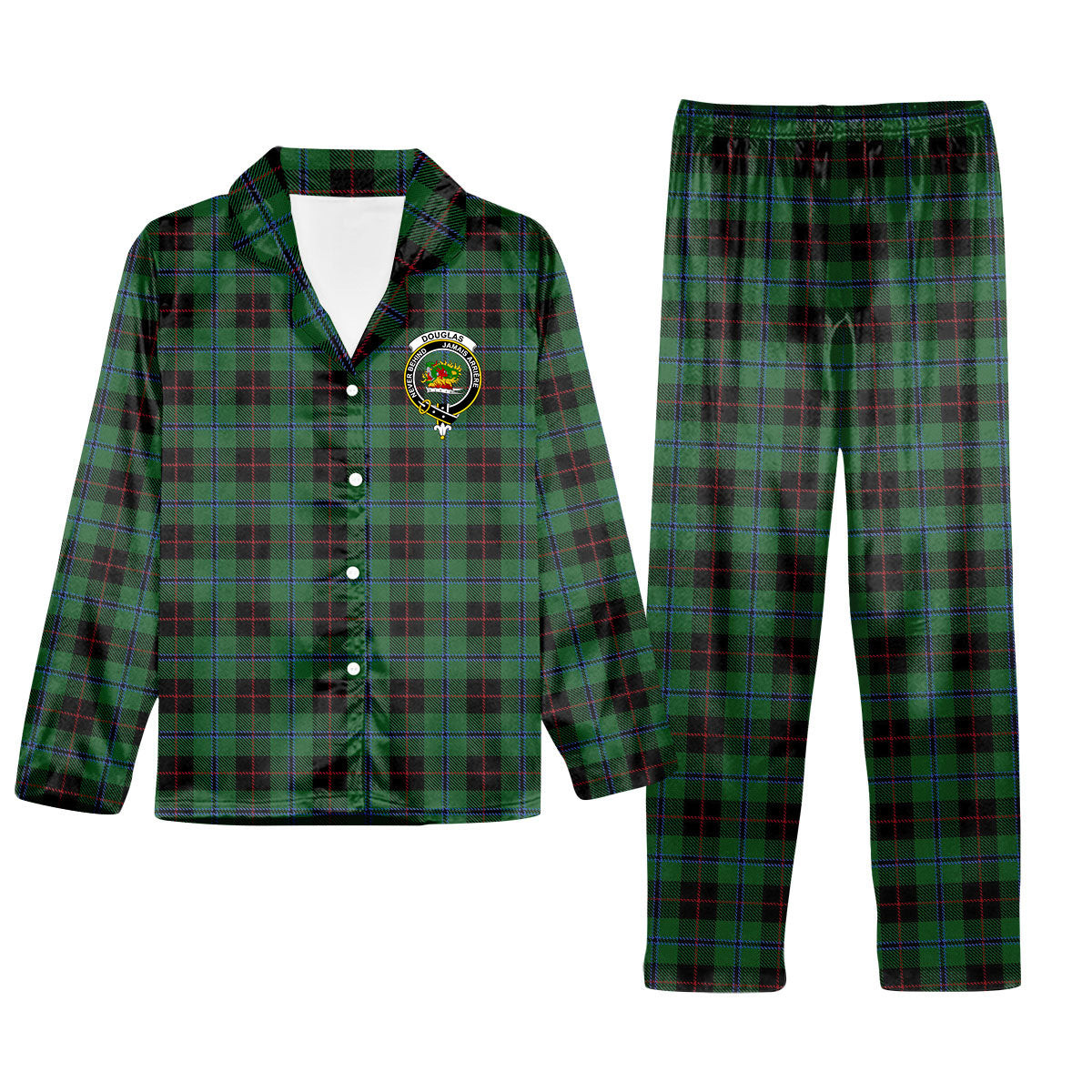ScotsTee Shop Scottish Douglas Black Crest Tartan Pajama Satin Velvet Flannel Pajama Set