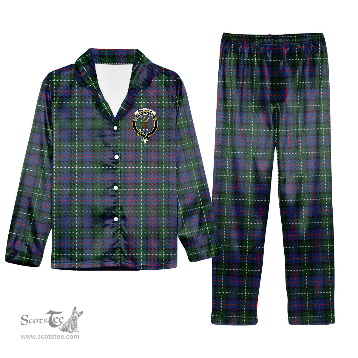 ScotsTee Shop Scottish Davidson of Tulloch 2 Crest Tartan Pajama Satin Velvet Flannel Pajama Set