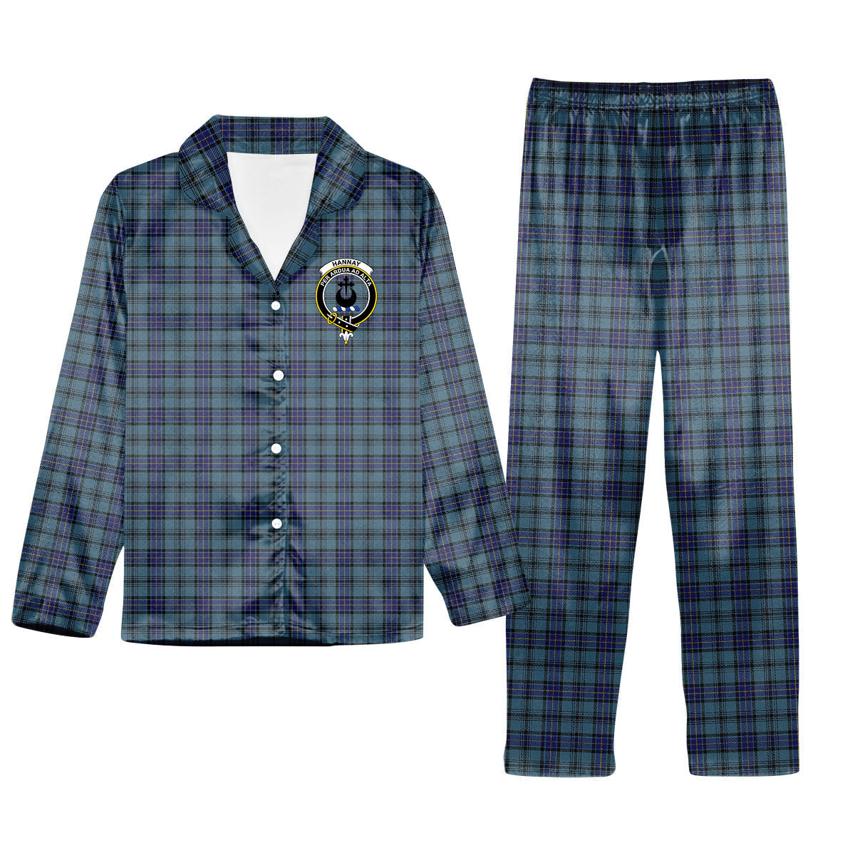 ScotsTee Shop Scottish Hannay Blue Crest Tartan Pajama Satin Velvet Flannel Pajama Set