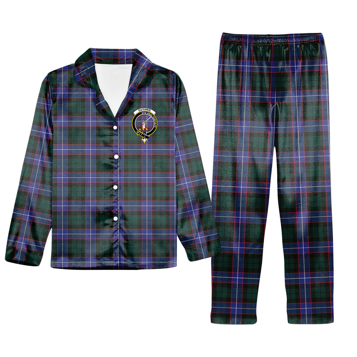 ScotsTee Shop Scottish Guthrie Modern Crest Tartan Pajama Satin Velvet Flannel Pajama Set