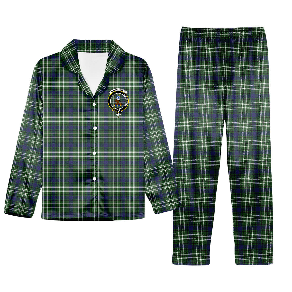 ScotsTee Shop Scottish Haliburton Crest Tartan Pajama Satin Velvet Flannel Pajama Set