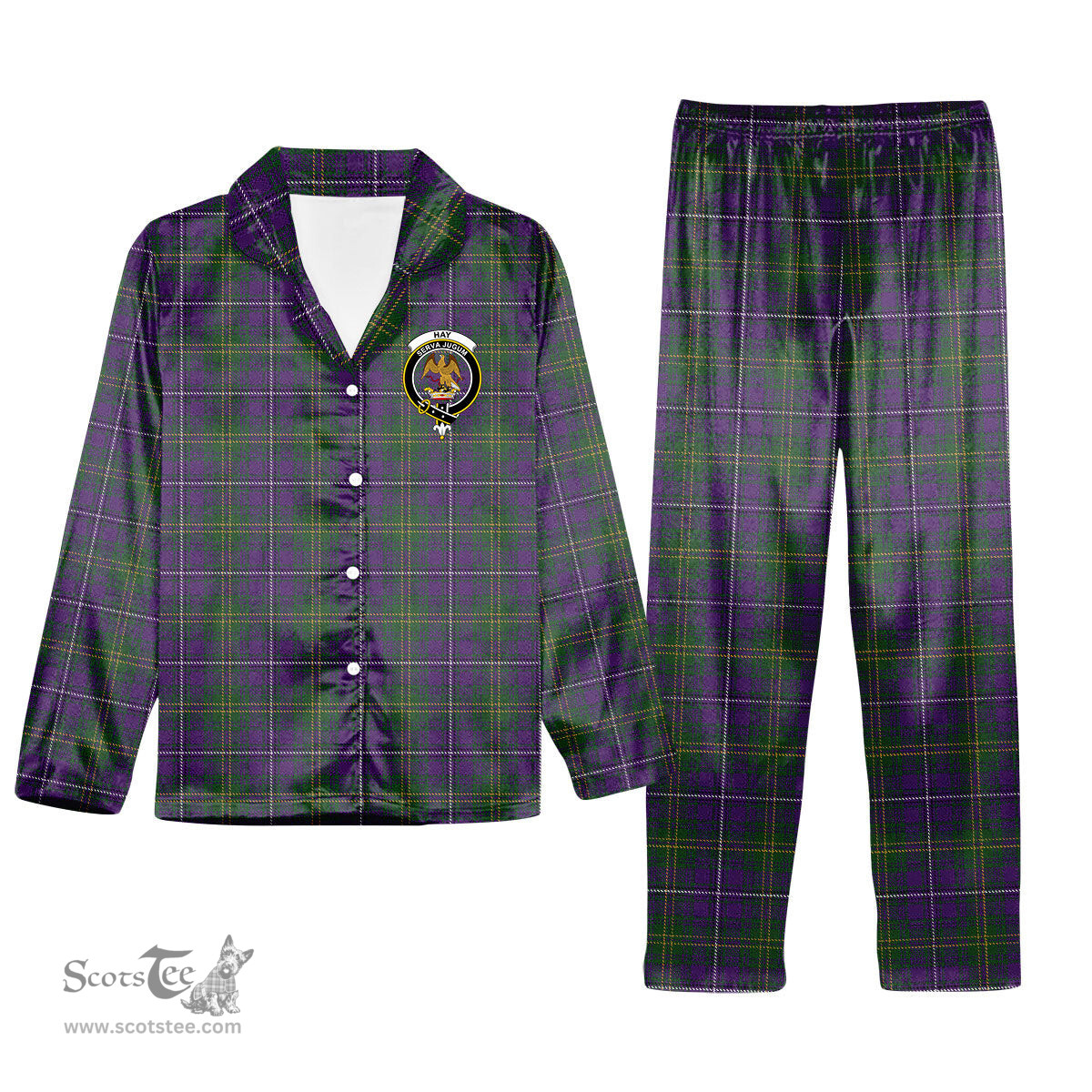 ScotsTee Shop Scottish Hay of Megginch Crest Tartan Pajama Satin Velvet Flannel Pajama Set