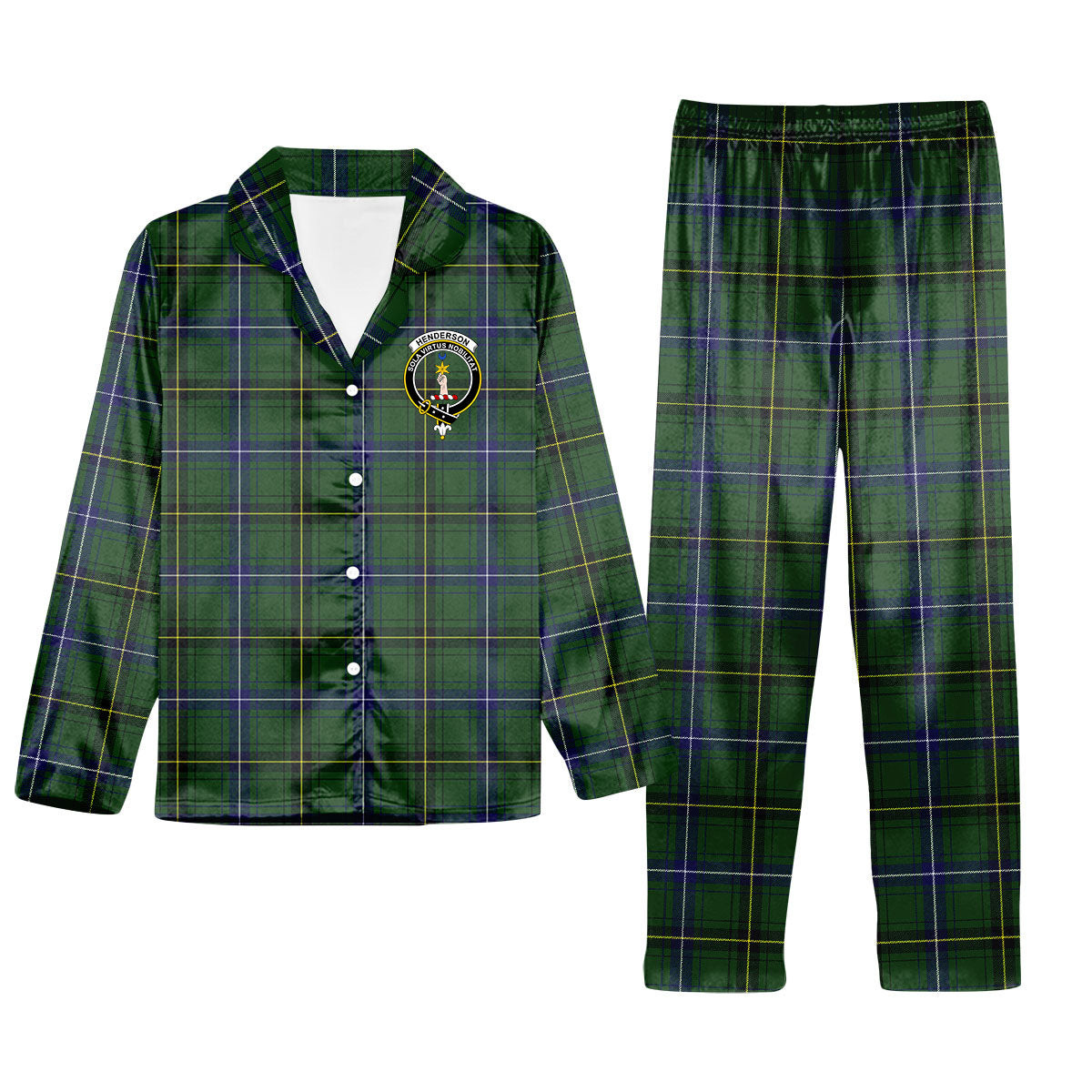 ScotsTee Shop Scottish Henderson Modern Crest Tartan Pajama Satin Velvet Flannel Pajama Set