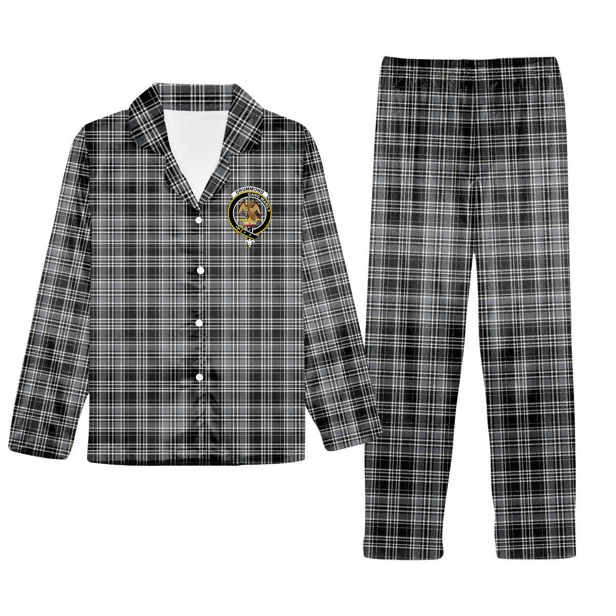 ScotsTee Shop Scottish Drummond Grey Modern Crest Tartan Pajama Satin Velvet Flannel Pajama Set