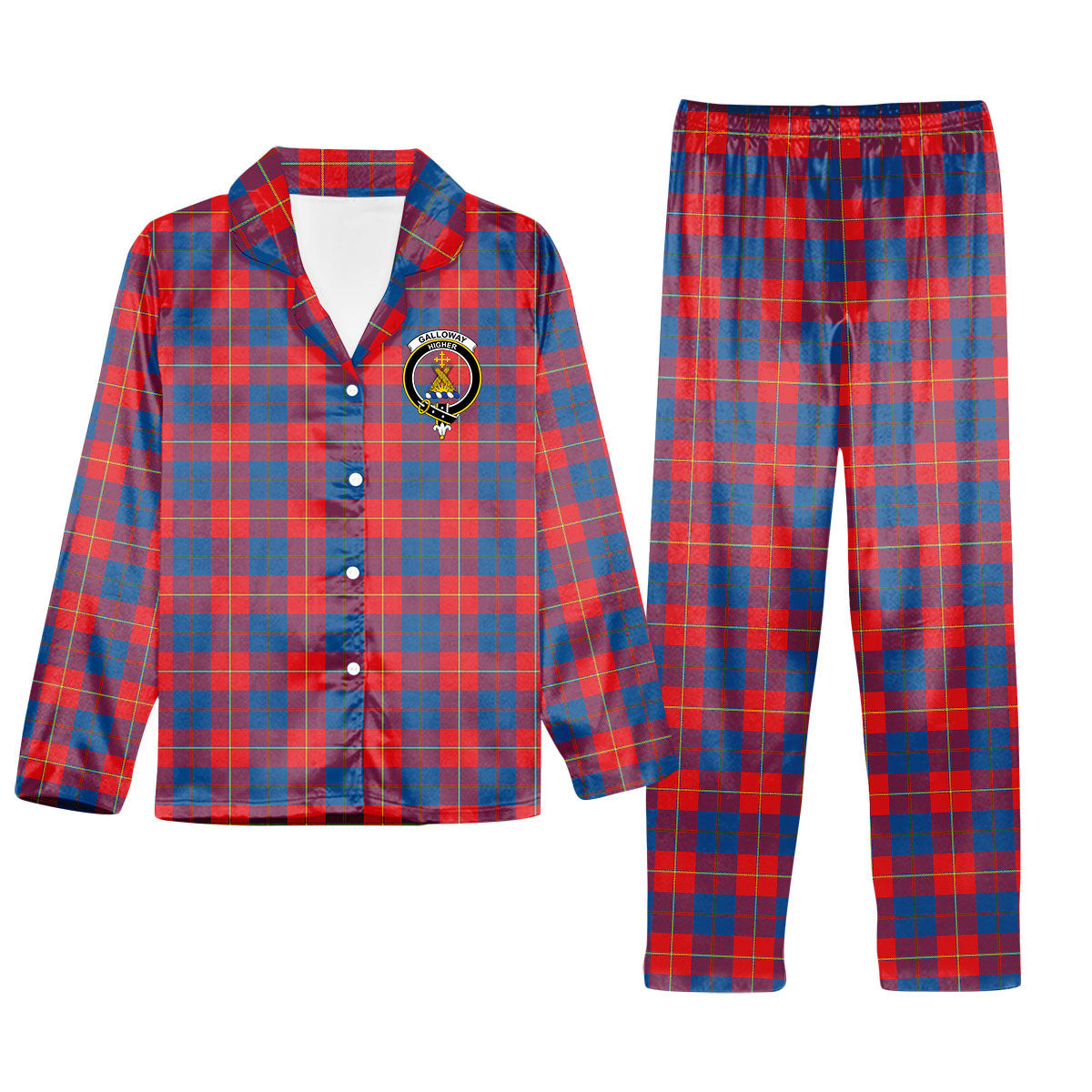 ScotsTee Shop Scottish Galloway Red Crest Tartan Pajama Satin Velvet Flannel Pajama Set