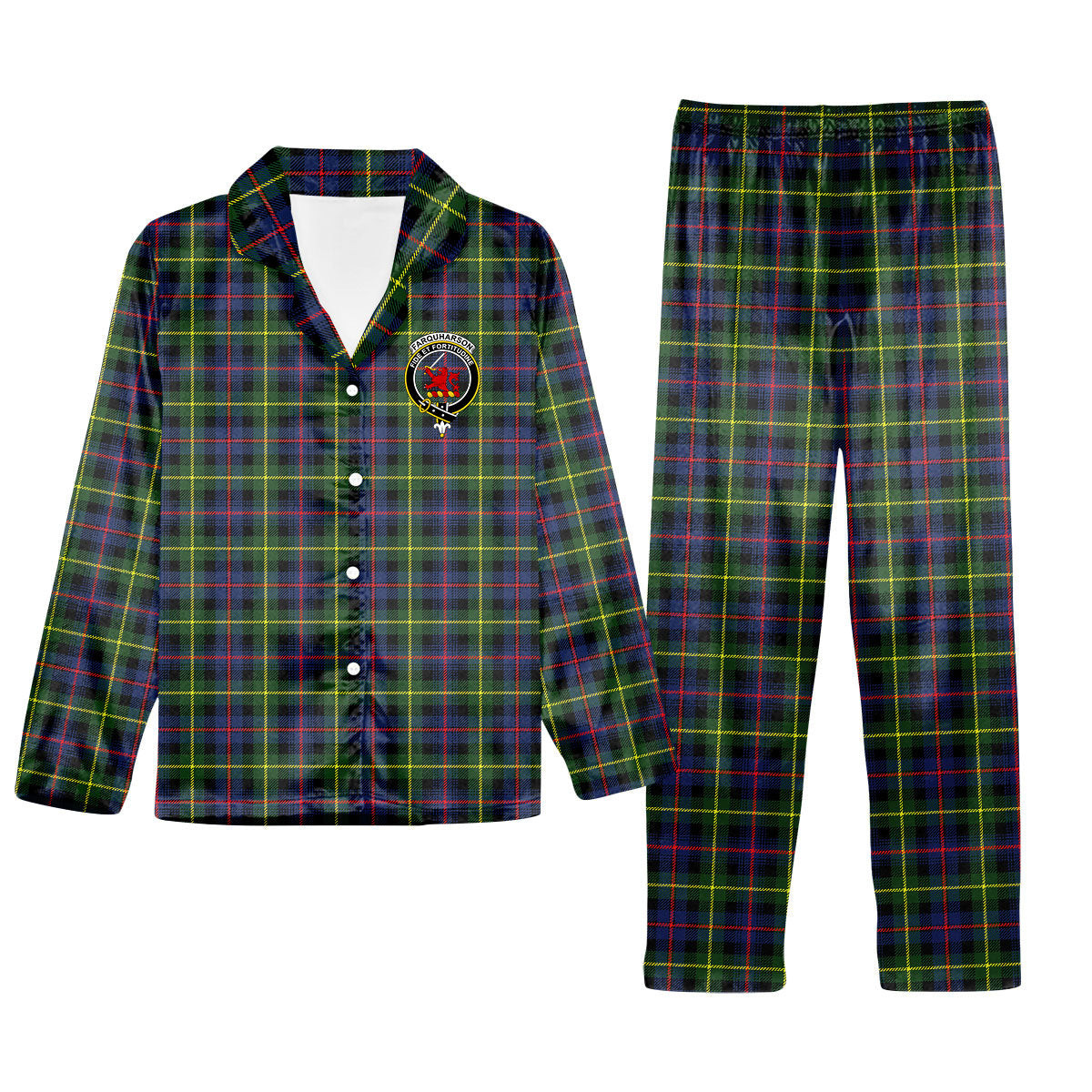 ScotsTee Shop Scottish Farquharson Modern Crest Tartan Pajama Satin Velvet Flannel Pajama Set