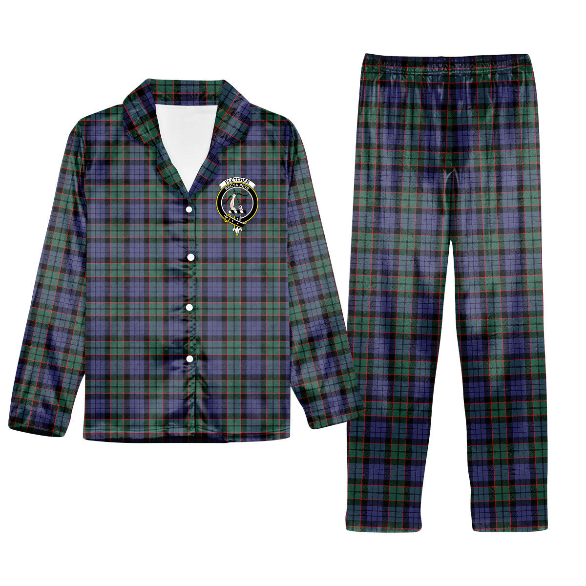 ScotsTee Shop Scottish Fletcher Modern Crest Tartan Pajama Satin Velvet Flannel Pajama Set