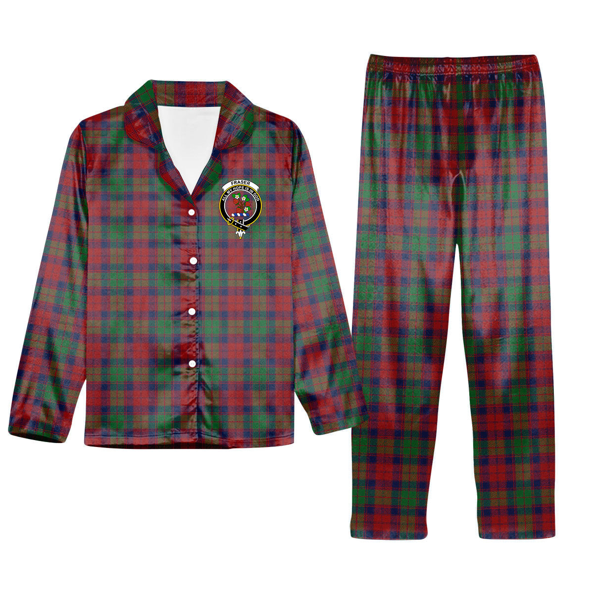 ScotsTee Shop Scottish Fraser of Altyre Modern Crest Tartan Pajama Satin Velvet Flannel Pajama Set