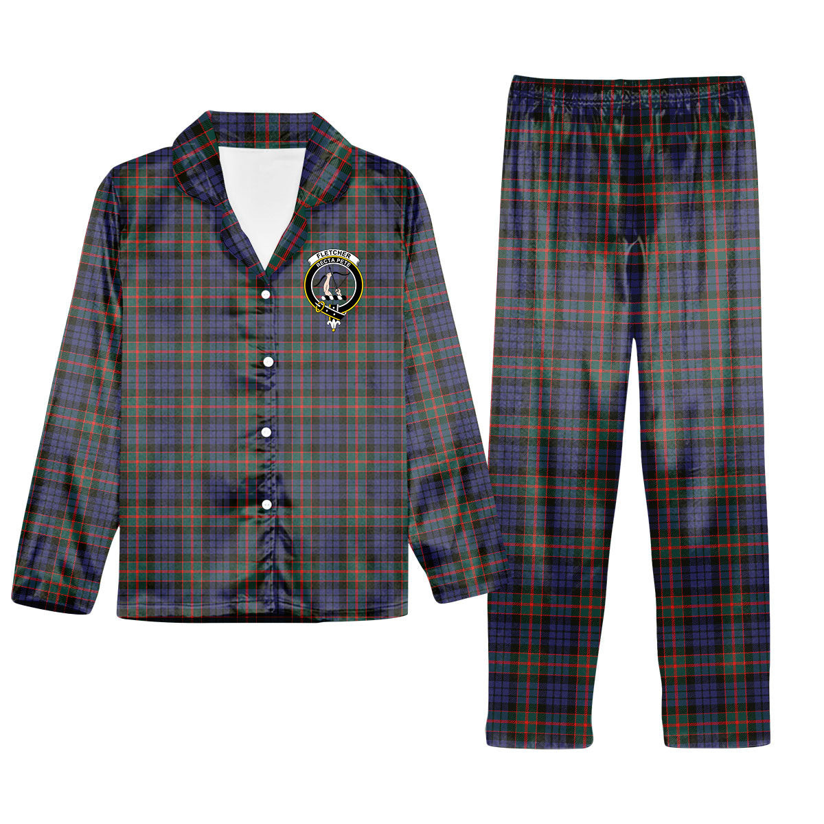 ScotsTee Shop Scottish Fletcher of Dunans SC Crest Tartan Pajama Satin Velvet Flannel Pajama Set