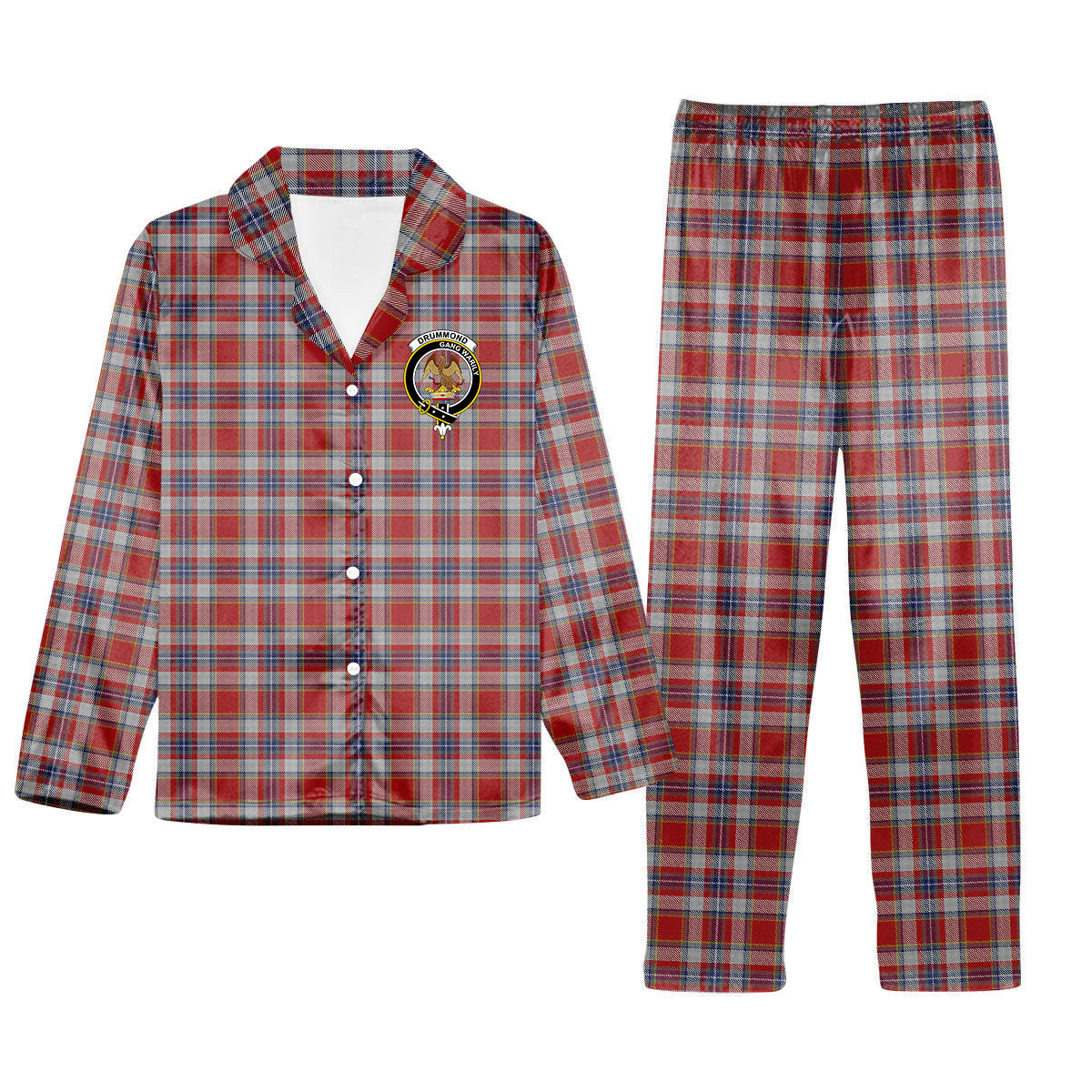 ScotsTee Shop Scottish Drummond of Perth Dress 2 Crest Tartan Pajama Satin Velvet Flannel Pajama Set