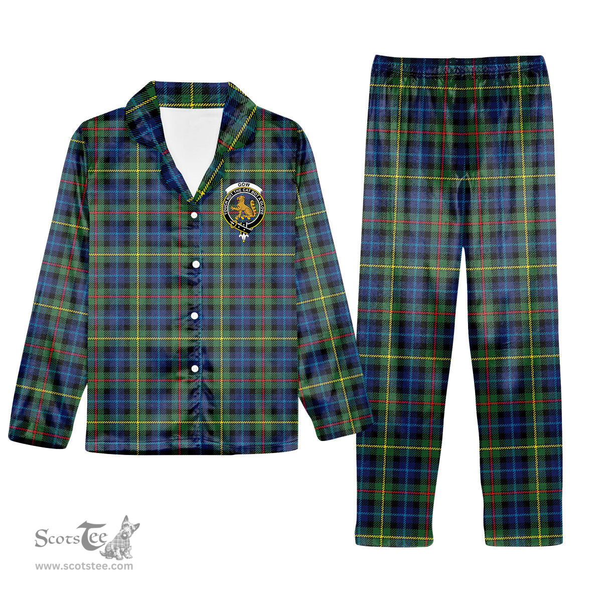 ScotsTee Shop Scottish Gow Hunting Modern Crest Tartan Pajama Satin Velvet Flannel Pajama Set