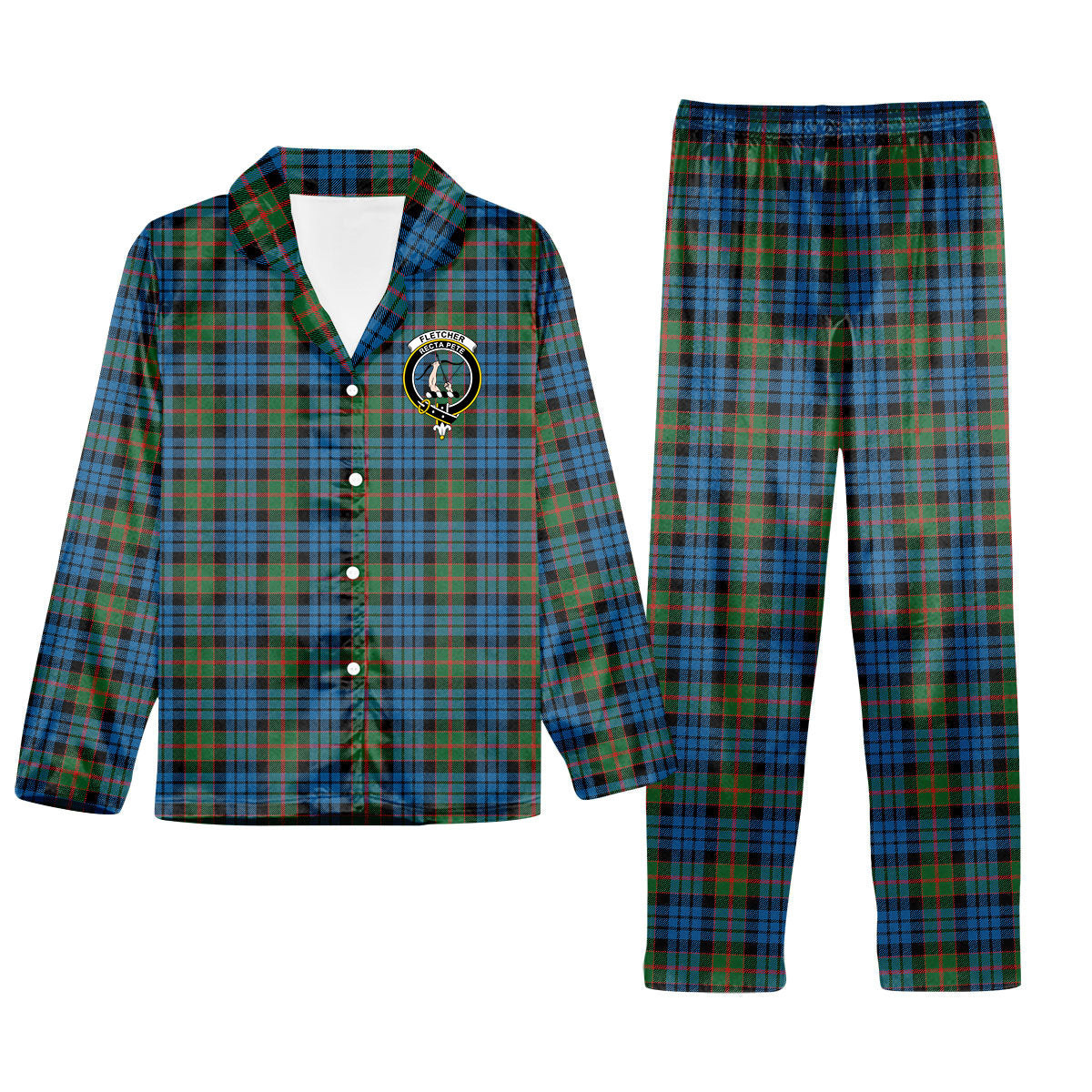ScotsTee Shop Scottish Fletcher of Dunans Ancient Crest Tartan Pajama Satin Velvet Flannel Pajama Set