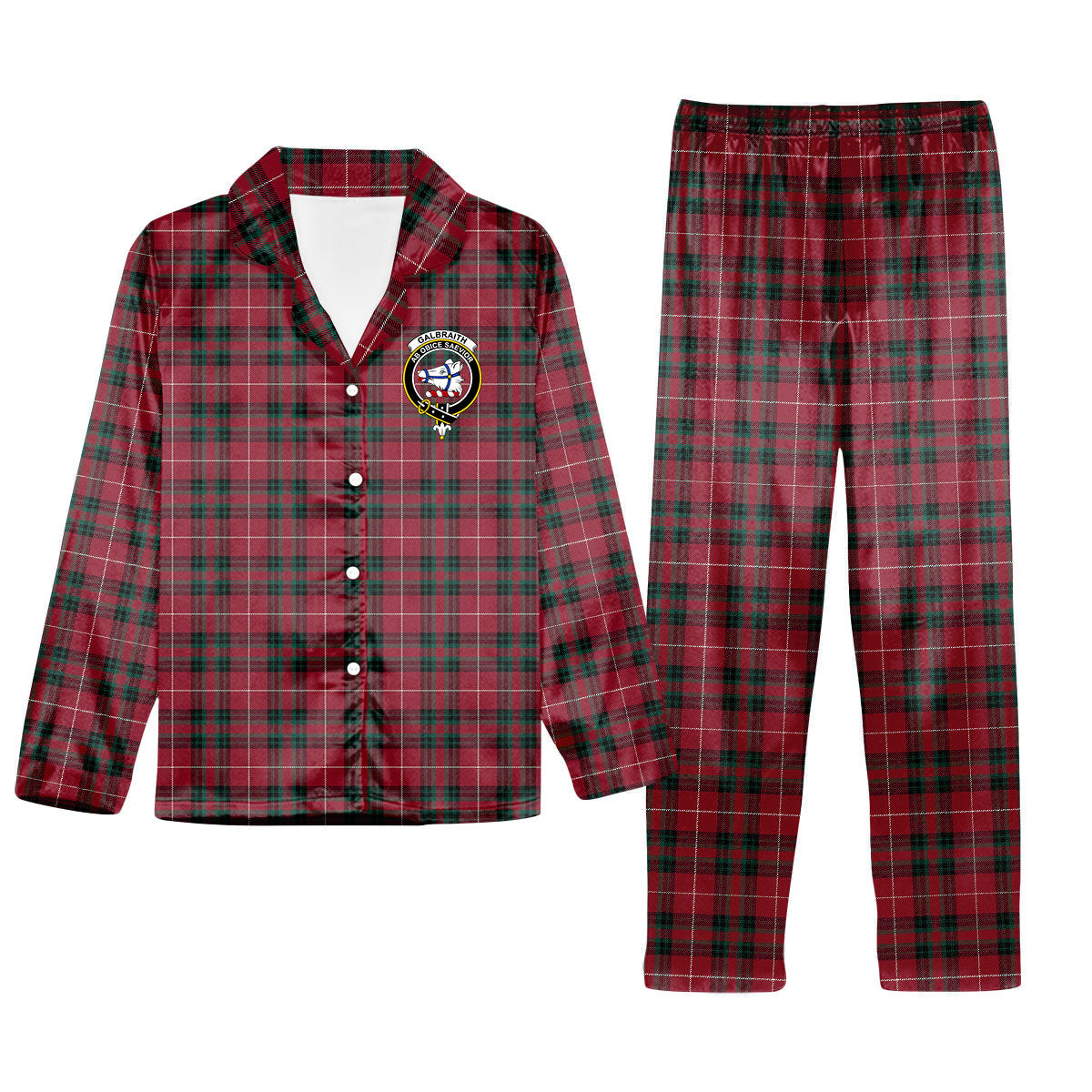 ScotsTee Shop Scottish Galbraith Maroon Modern Crest Tartan Pajama Satin Velvet Flannel Pajama Set