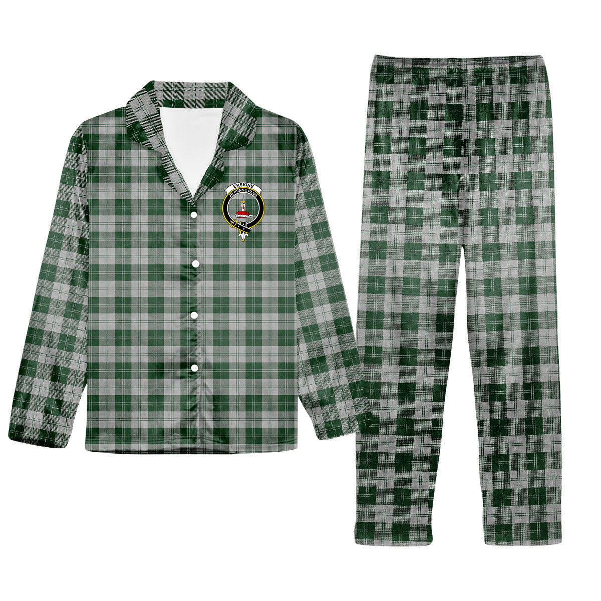 ScotsTee Shop Scottish Erskine Green Crest Tartan Pajama Satin Velvet Flannel Pajama Set